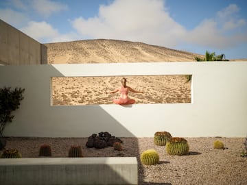 a woman sitting on a wall with cactuses in the background
