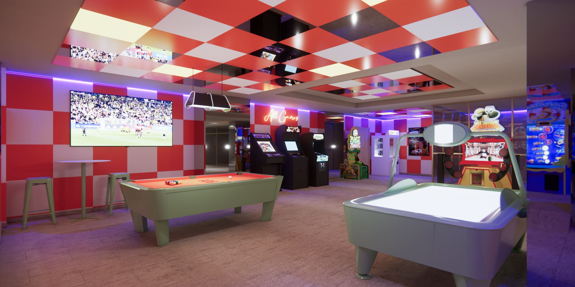 a room with a pool table and arcade games