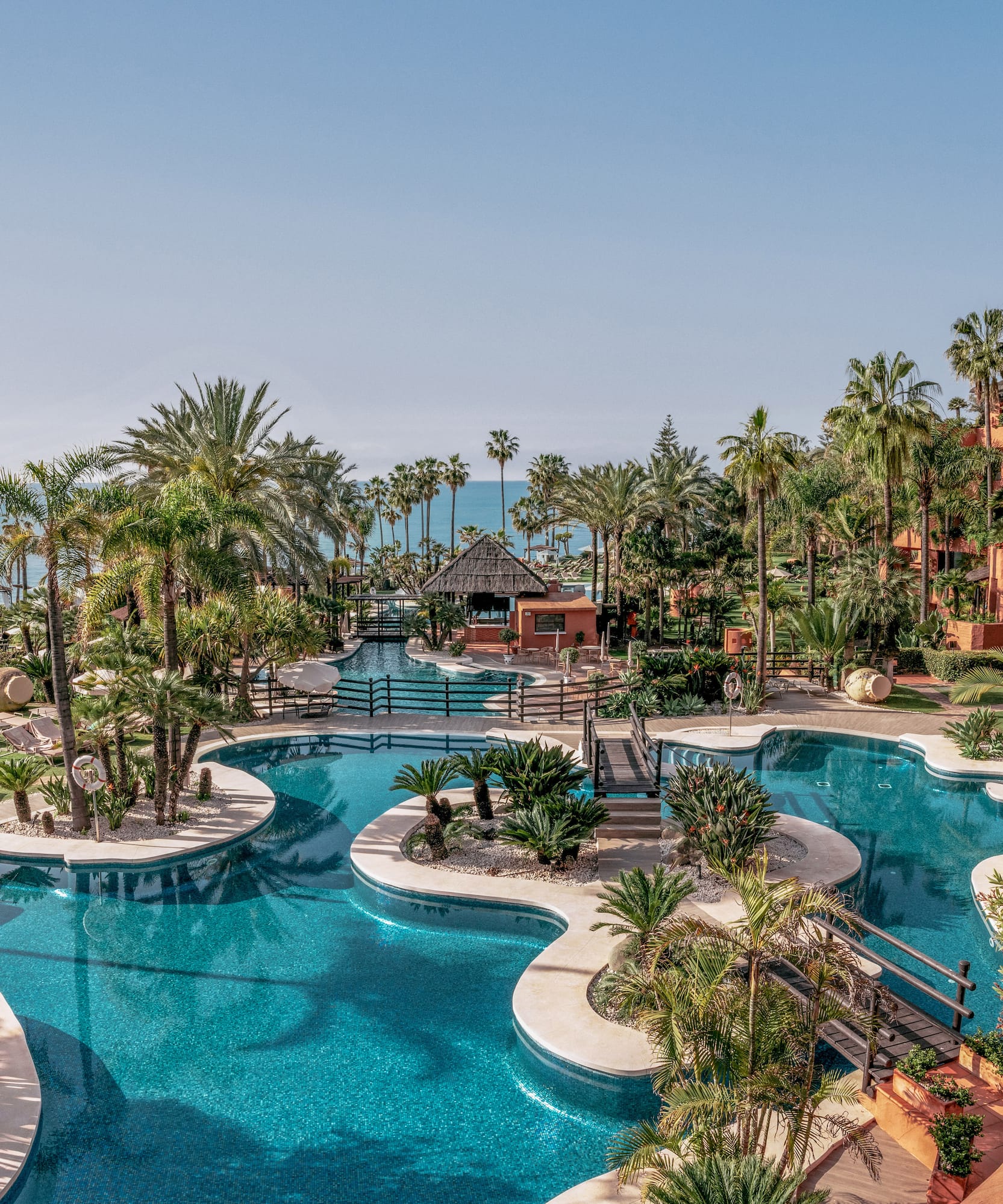 Aerial view of tropical luxury resort pool, palm trees, and ocean.
