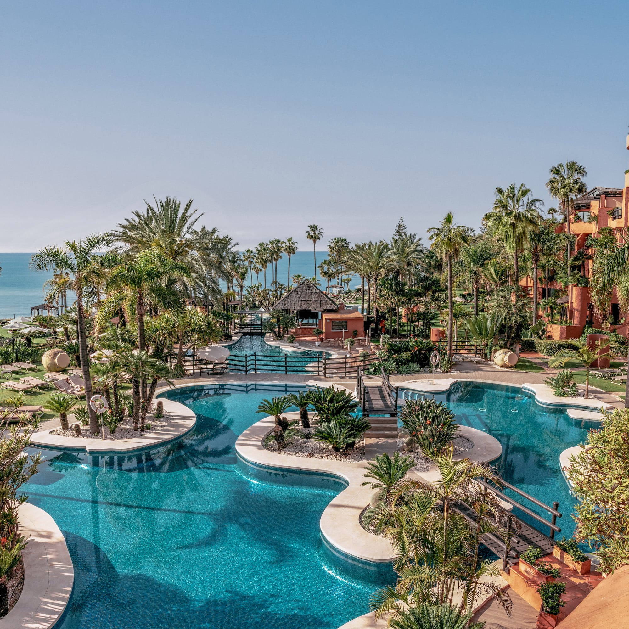 Aerial view of tropical luxury resort pool, palm trees, and ocean.