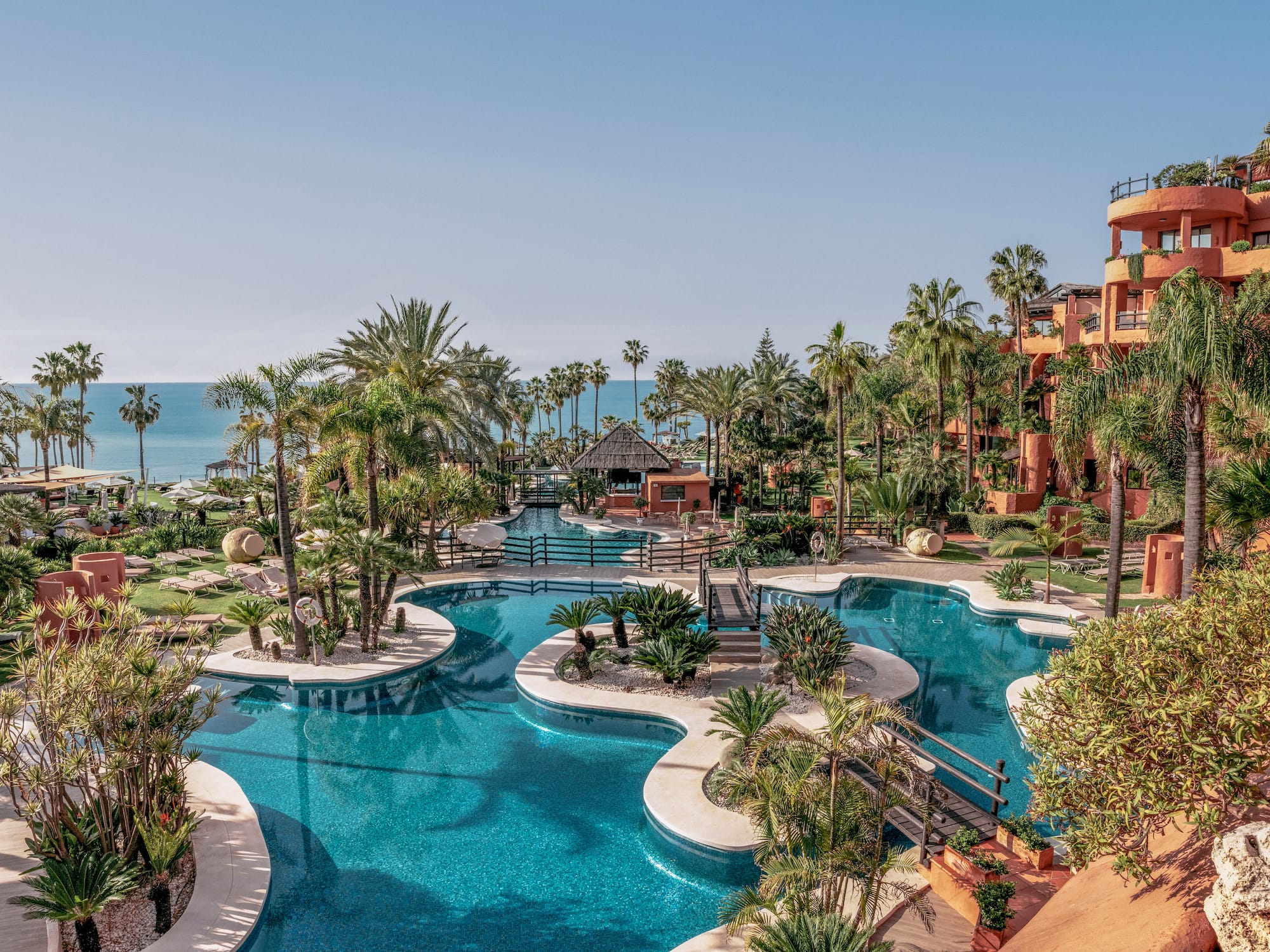 Aerial view of tropical luxury resort pool, palm trees, and ocean.