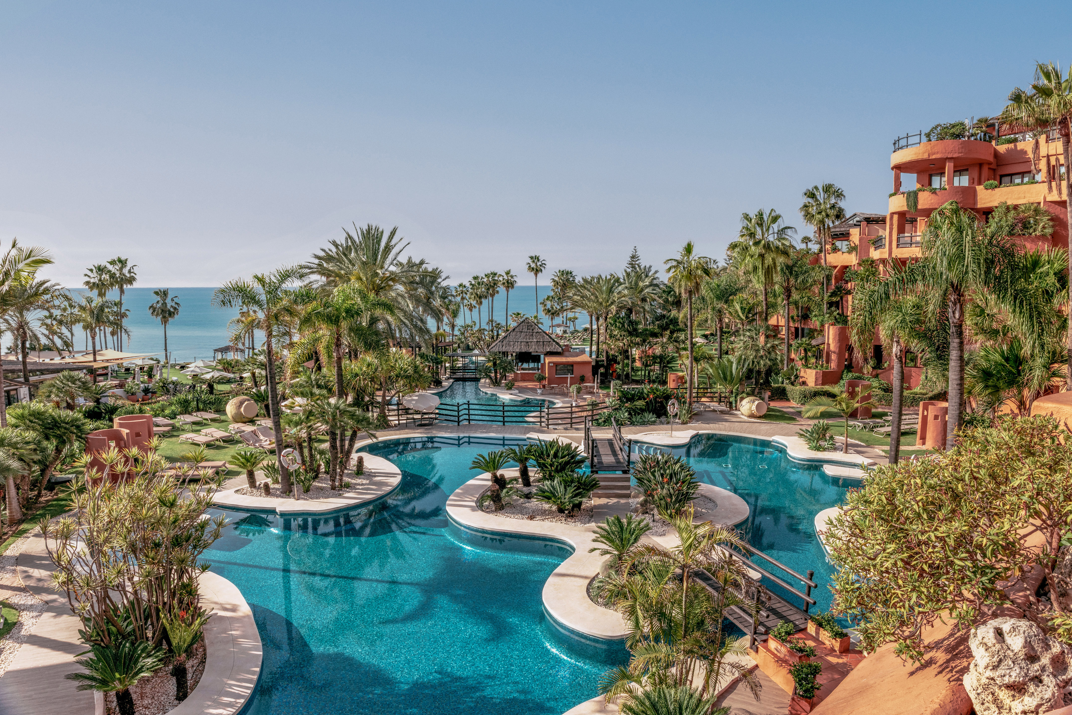 Aerial view of tropical luxury resort pool, palm trees, and ocean.
