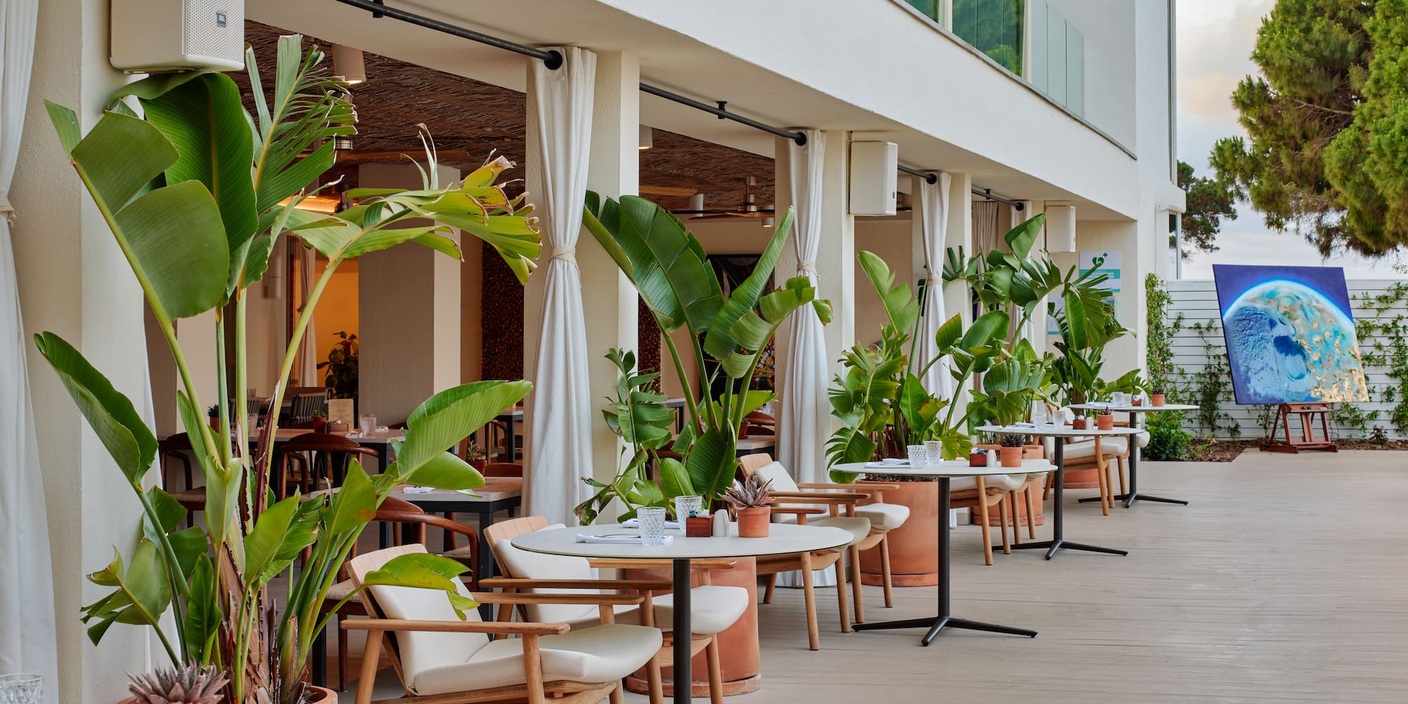 Modern outdoor dining area with tables, chairs, and lush tropical plants.