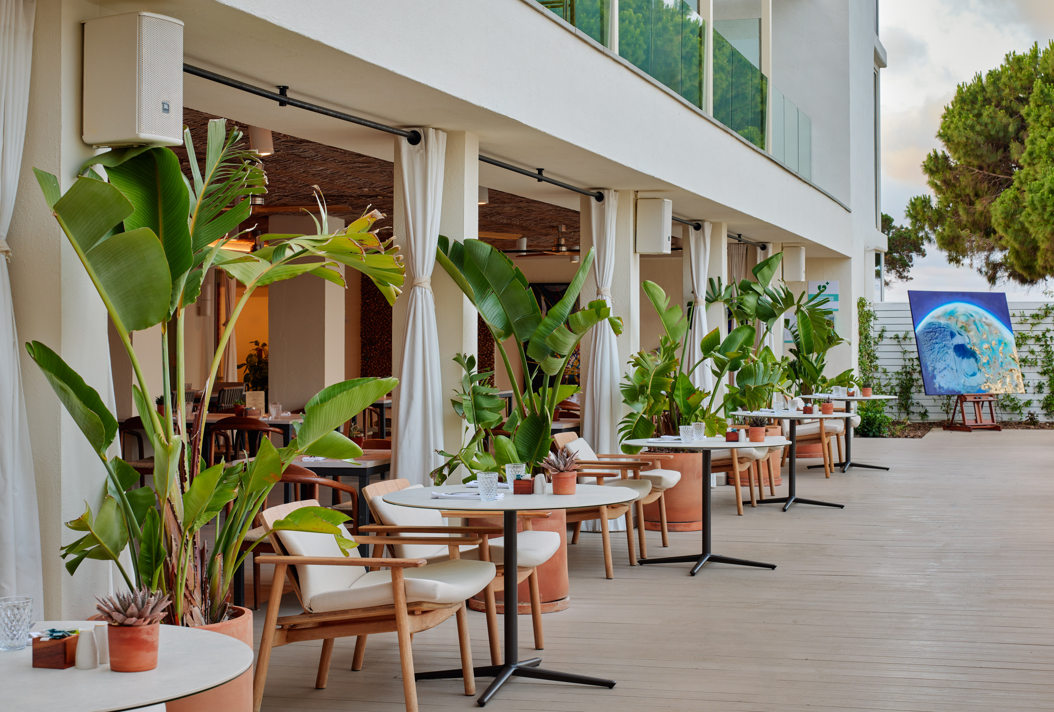 Modern outdoor dining area with tables, chairs, and lush tropical plants.