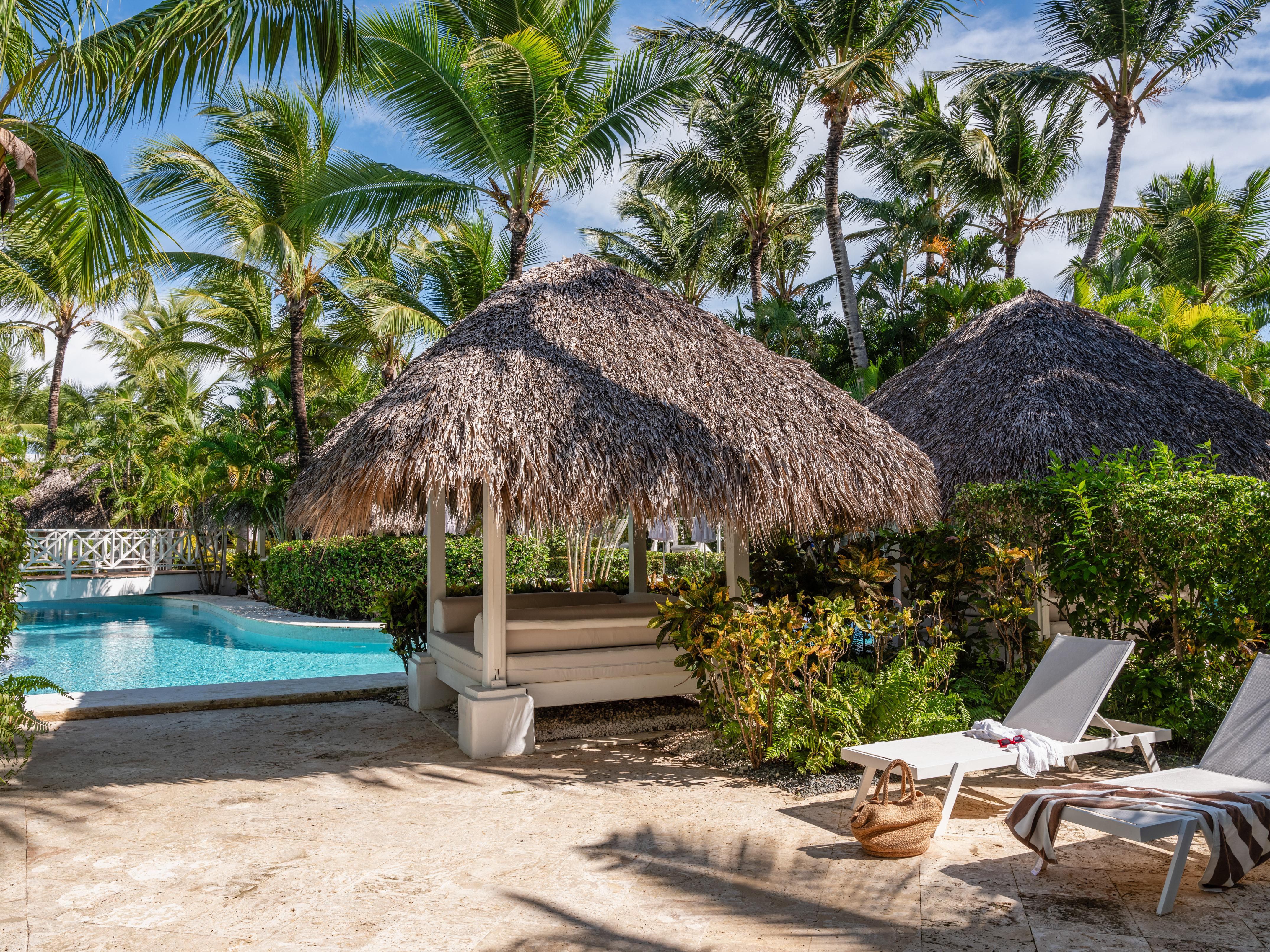 Tropical resort pool area with thatched cabana, lounge chairs, and palm trees.