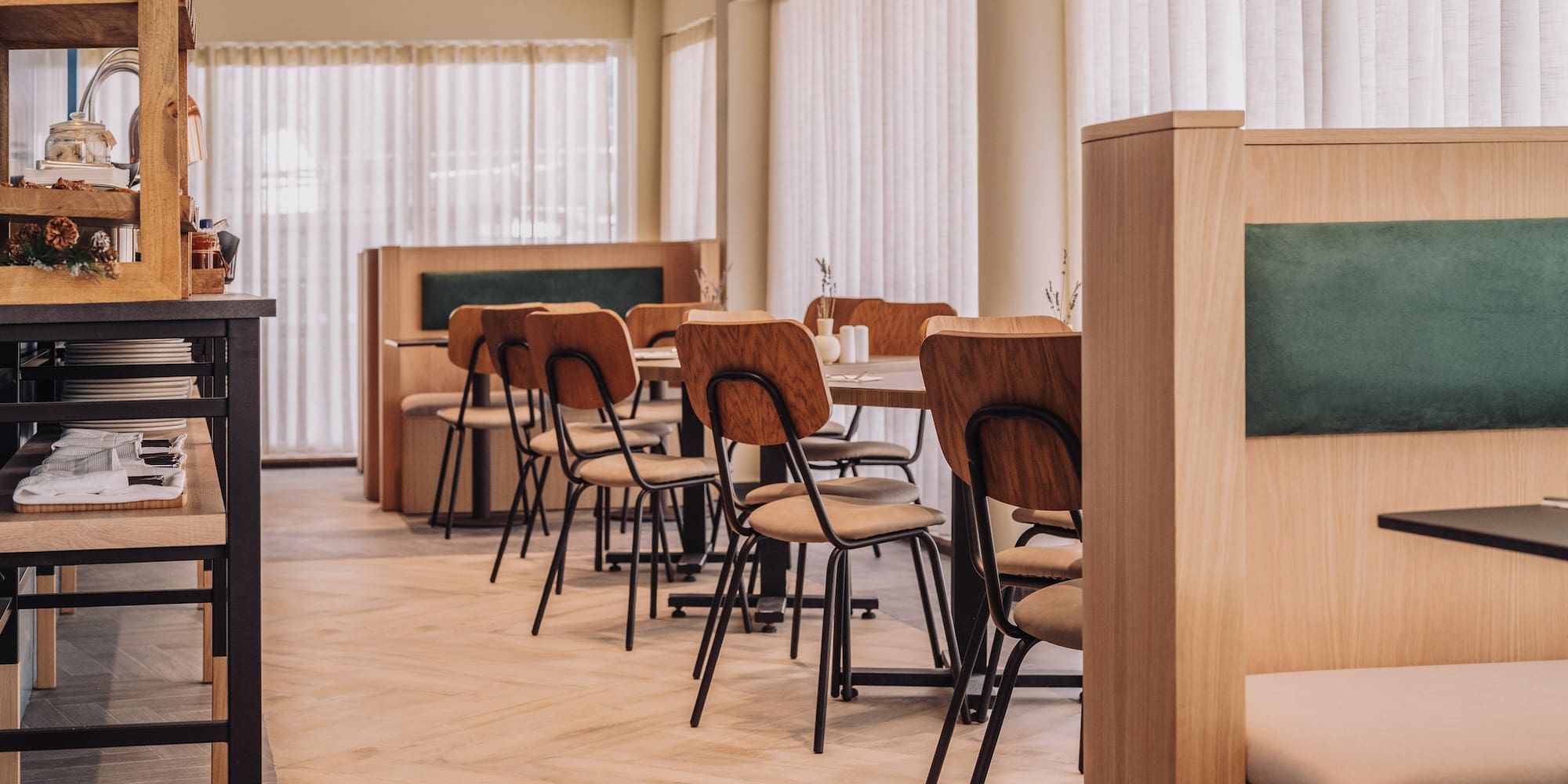 a room with tables and chairs
