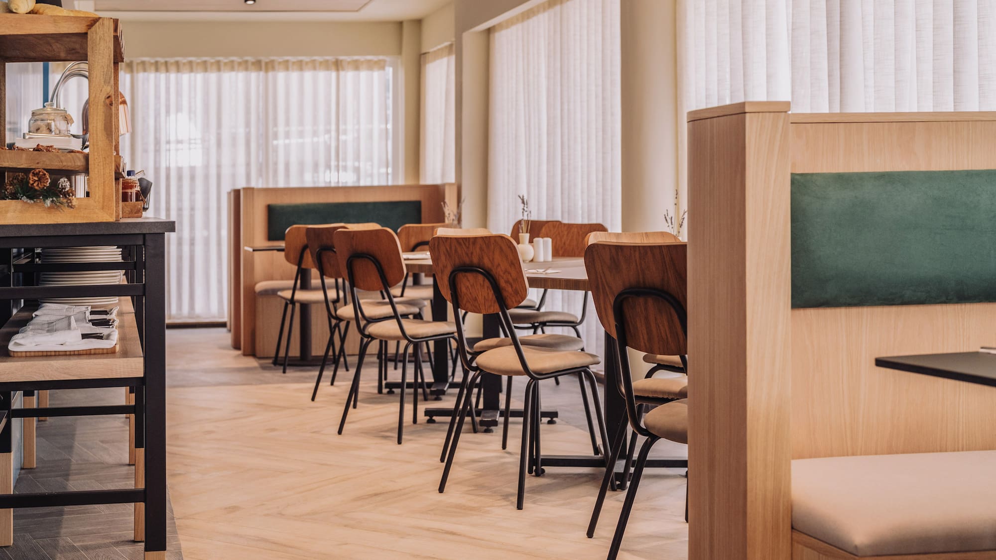 a room with tables and chairs