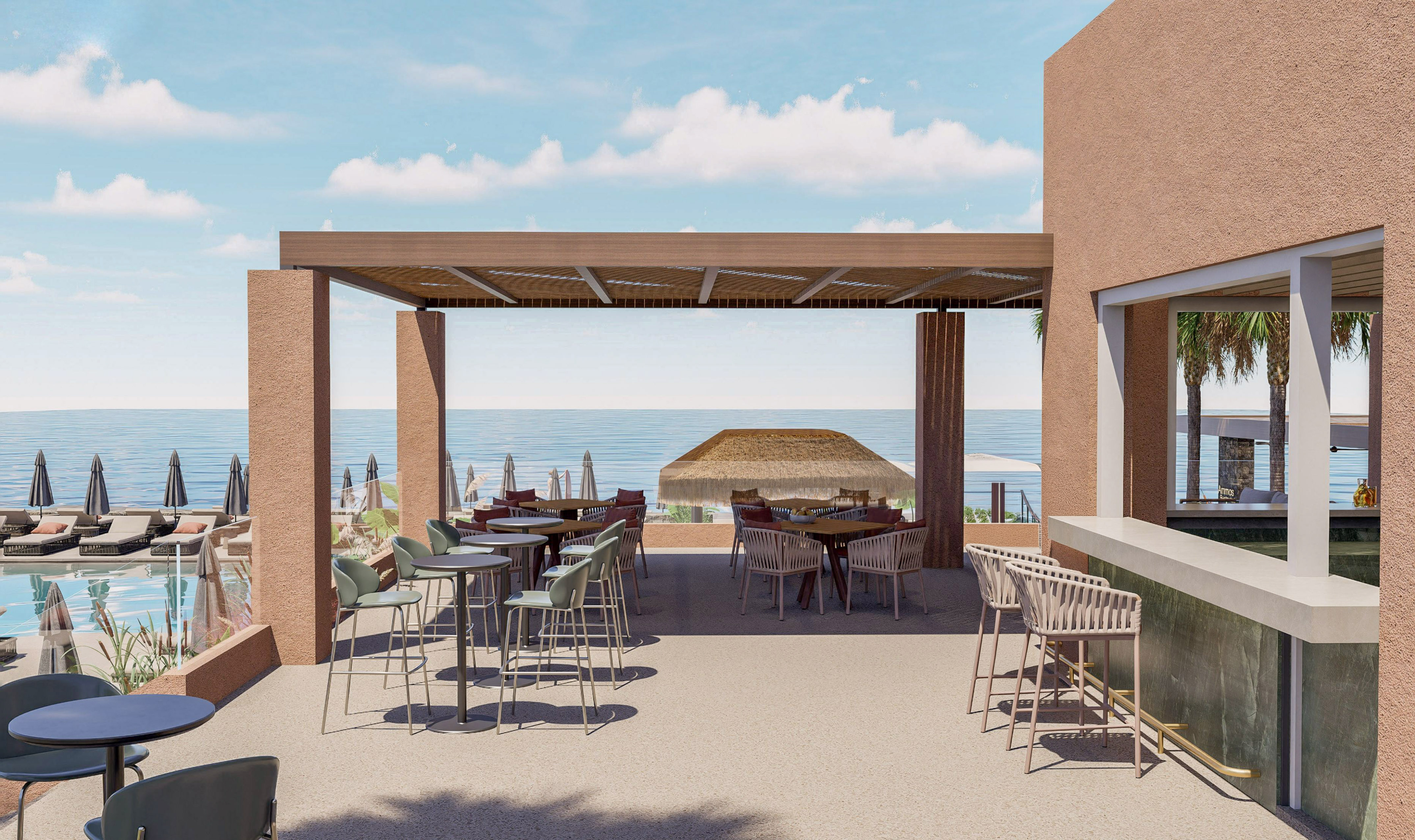 a patio with tables and chairs and a large umbrella