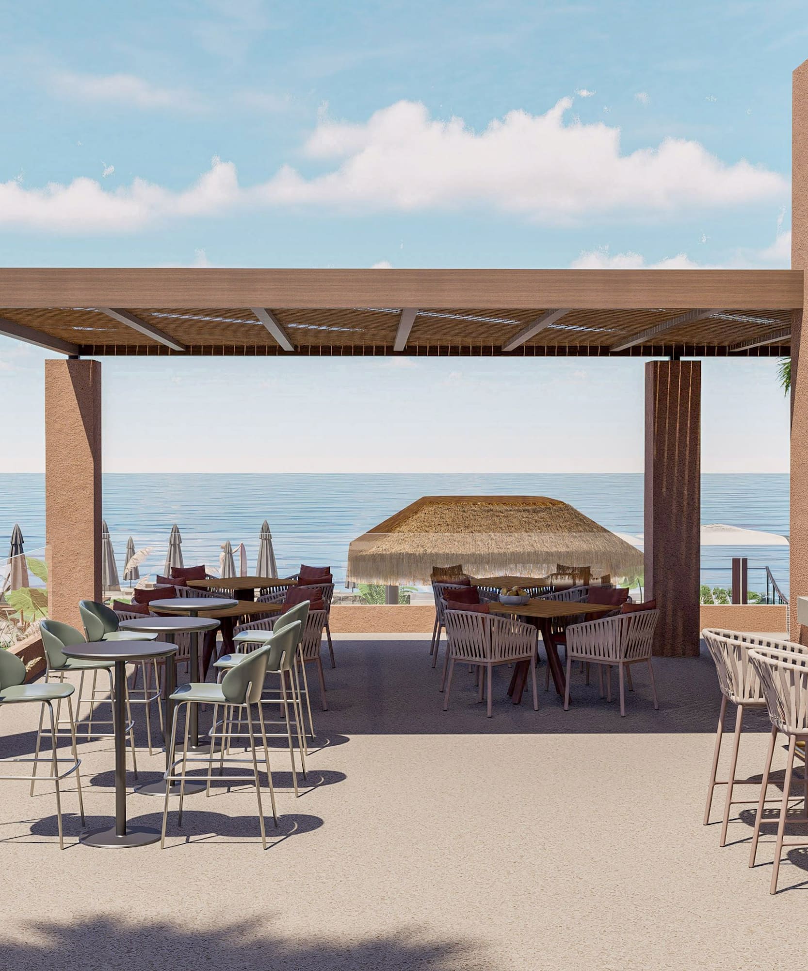 a patio with tables and chairs and a large umbrella