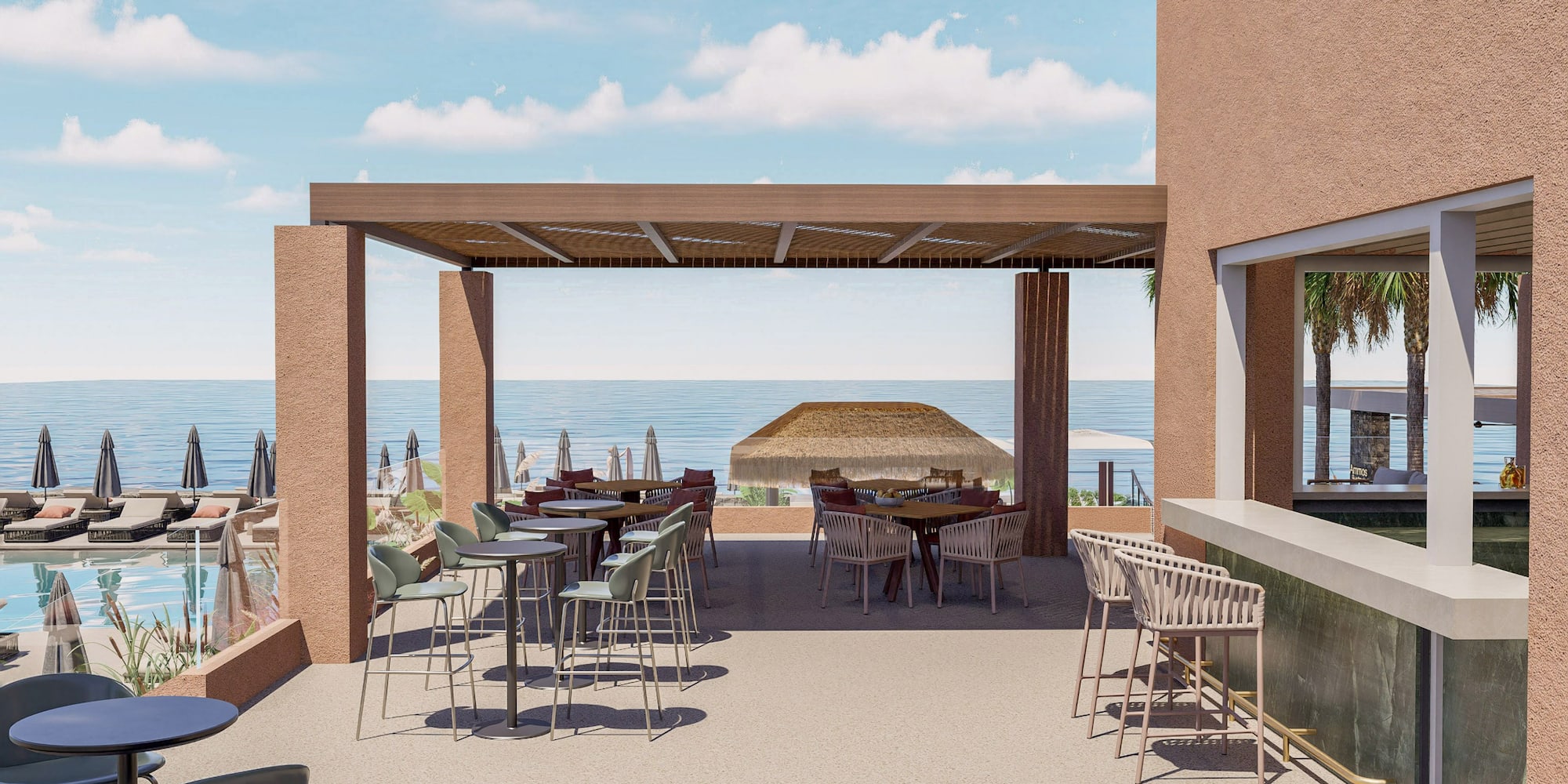 a patio with tables and chairs and a large umbrella