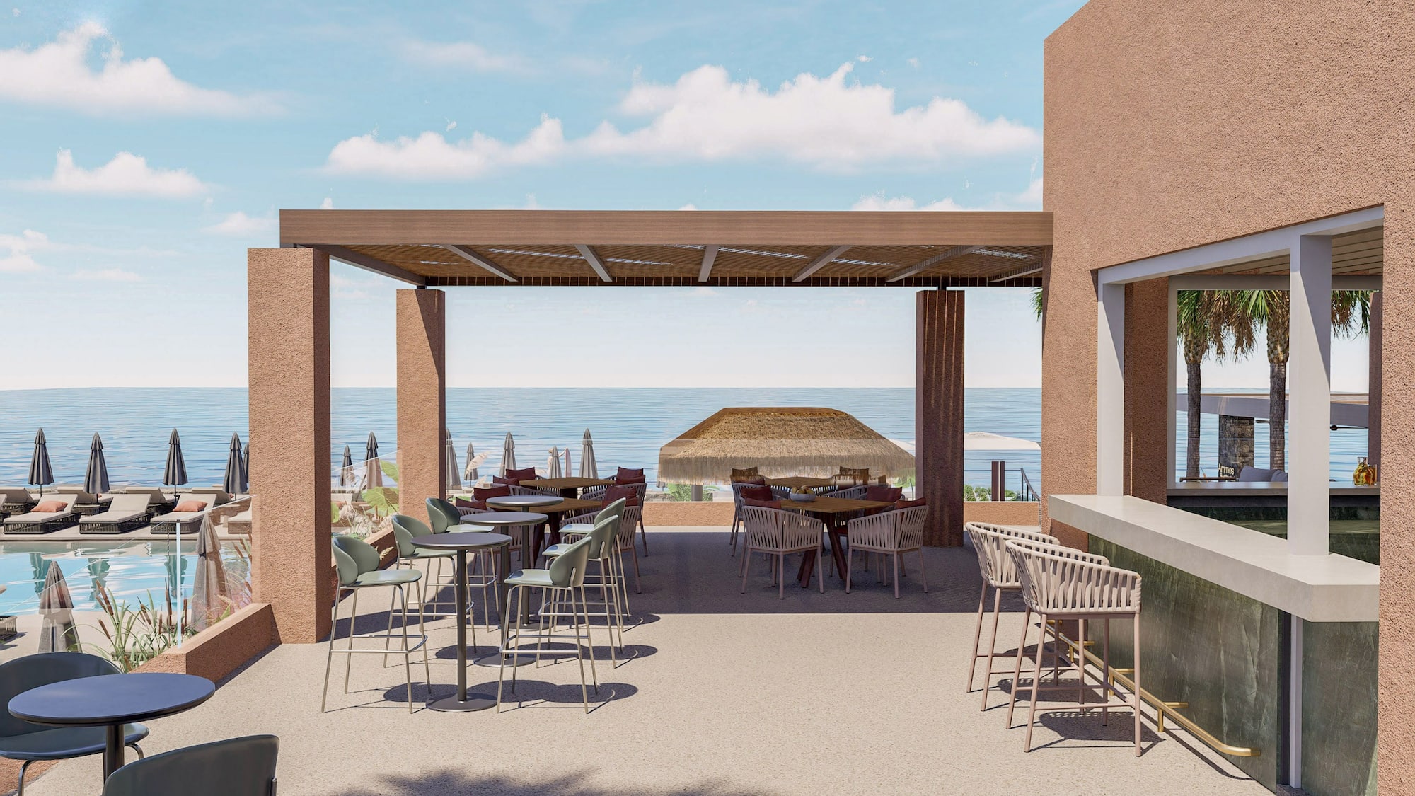 a patio with tables and chairs and a large umbrella