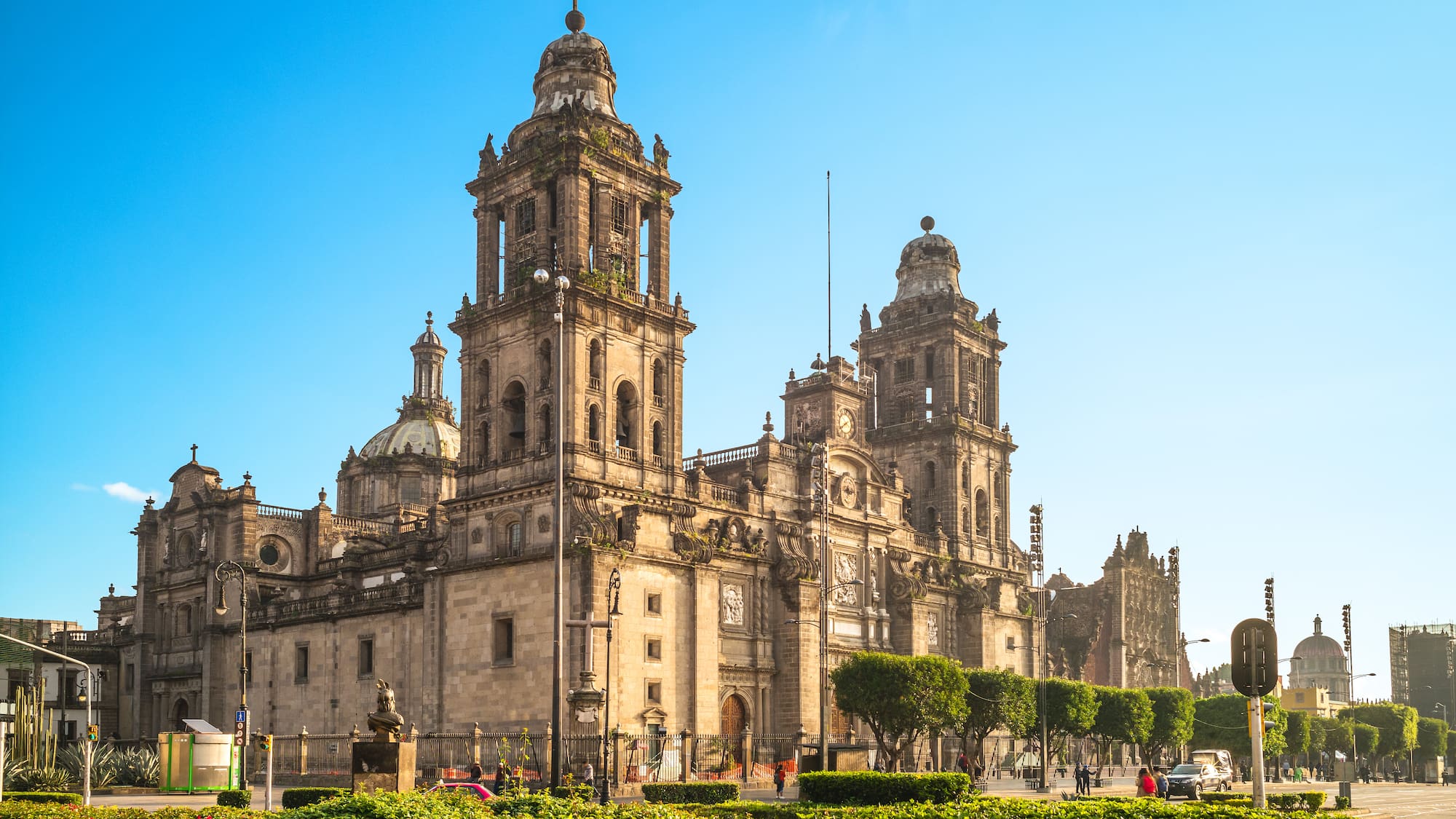 a large stone building with Mexico City Metropolitan Cathedral and a garden