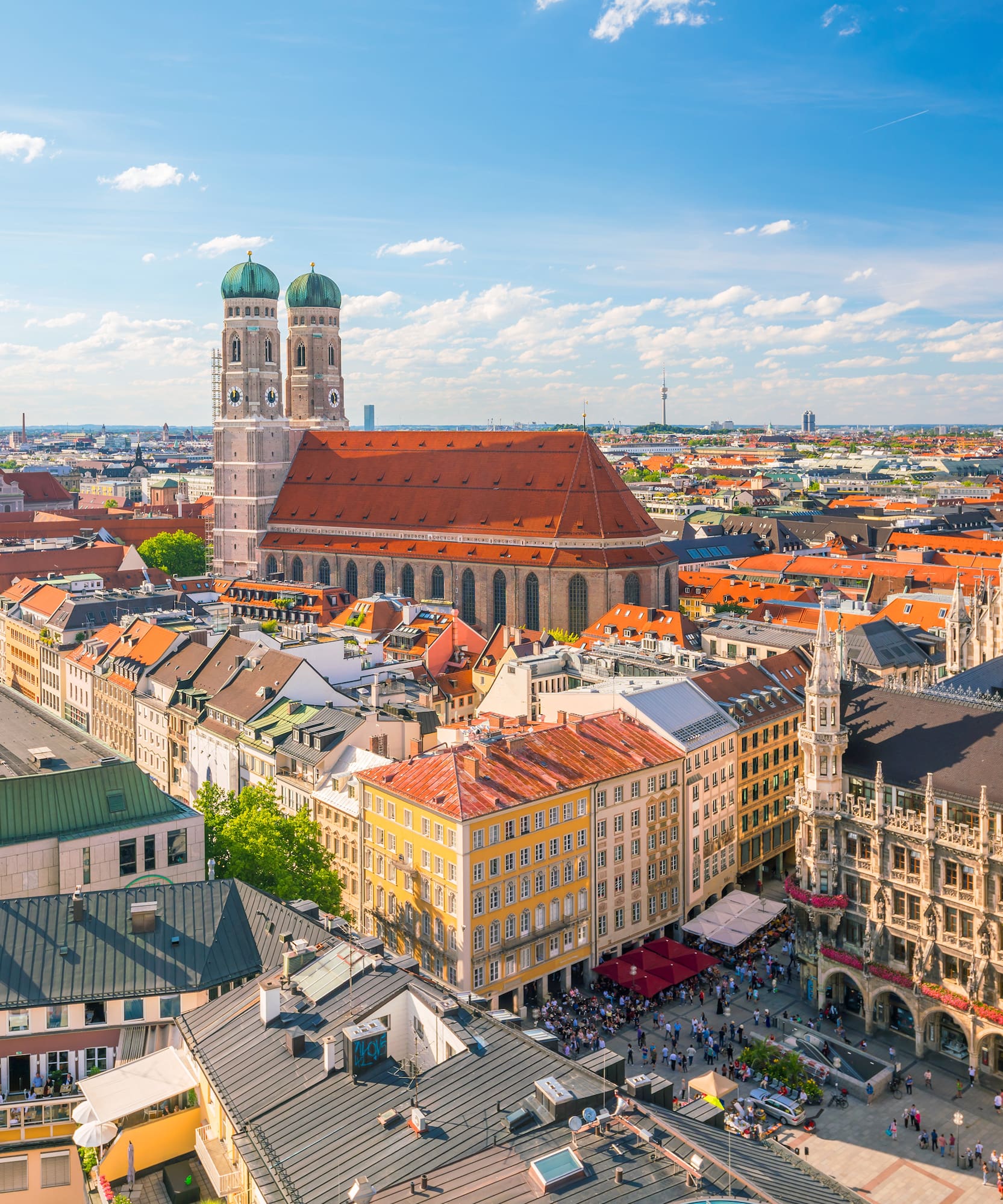 Aerial view of Munich cityscape with Frauenkirche and New Town Hall, Germany.