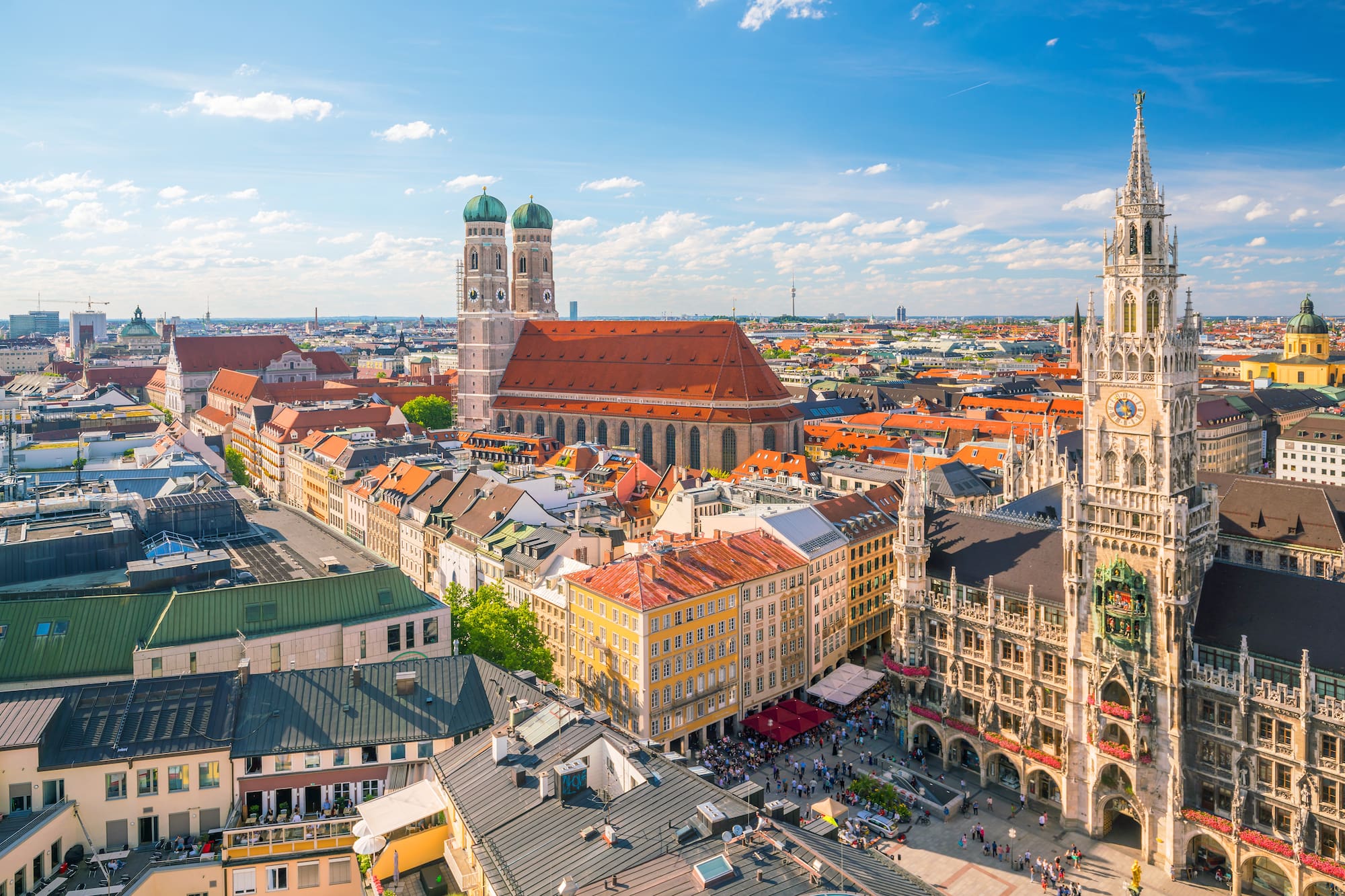 Aerial view of Munich cityscape with Frauenkirche and New Town Hall, Germany.