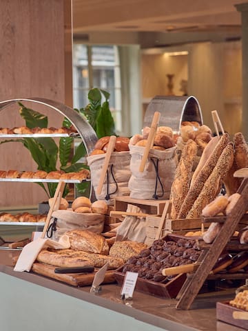 a display of bread and pastries
