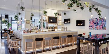 a bar with plants from the ceiling