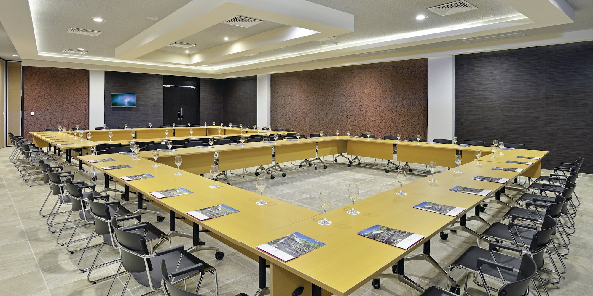 a room with tables and chairs