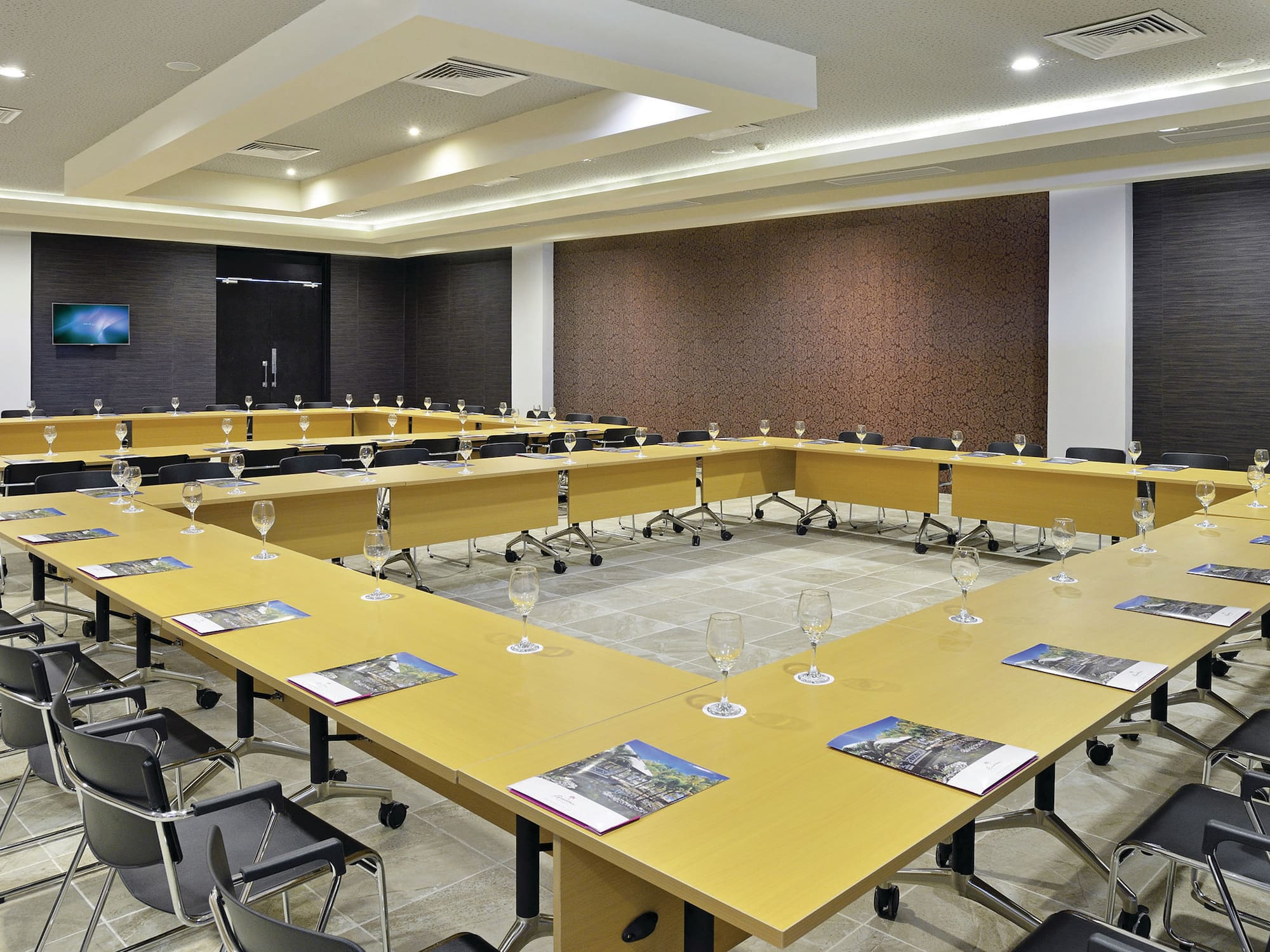 a room with tables and chairs