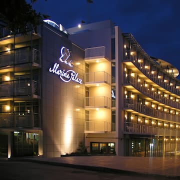 a building with lights on