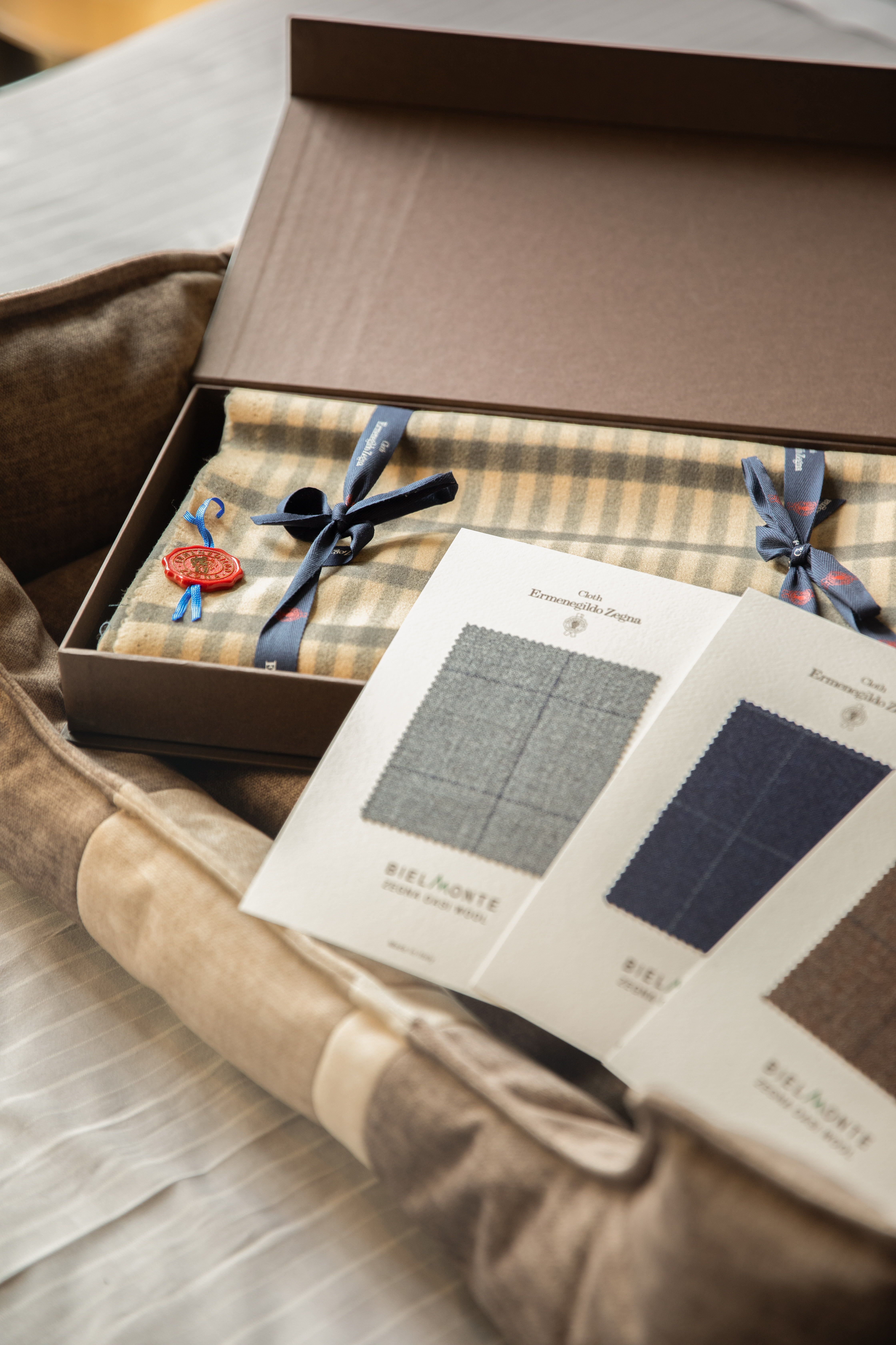 Ermenegildo Zegna BIEL/MONTE fabric swatches and plaid wool scarf gift set