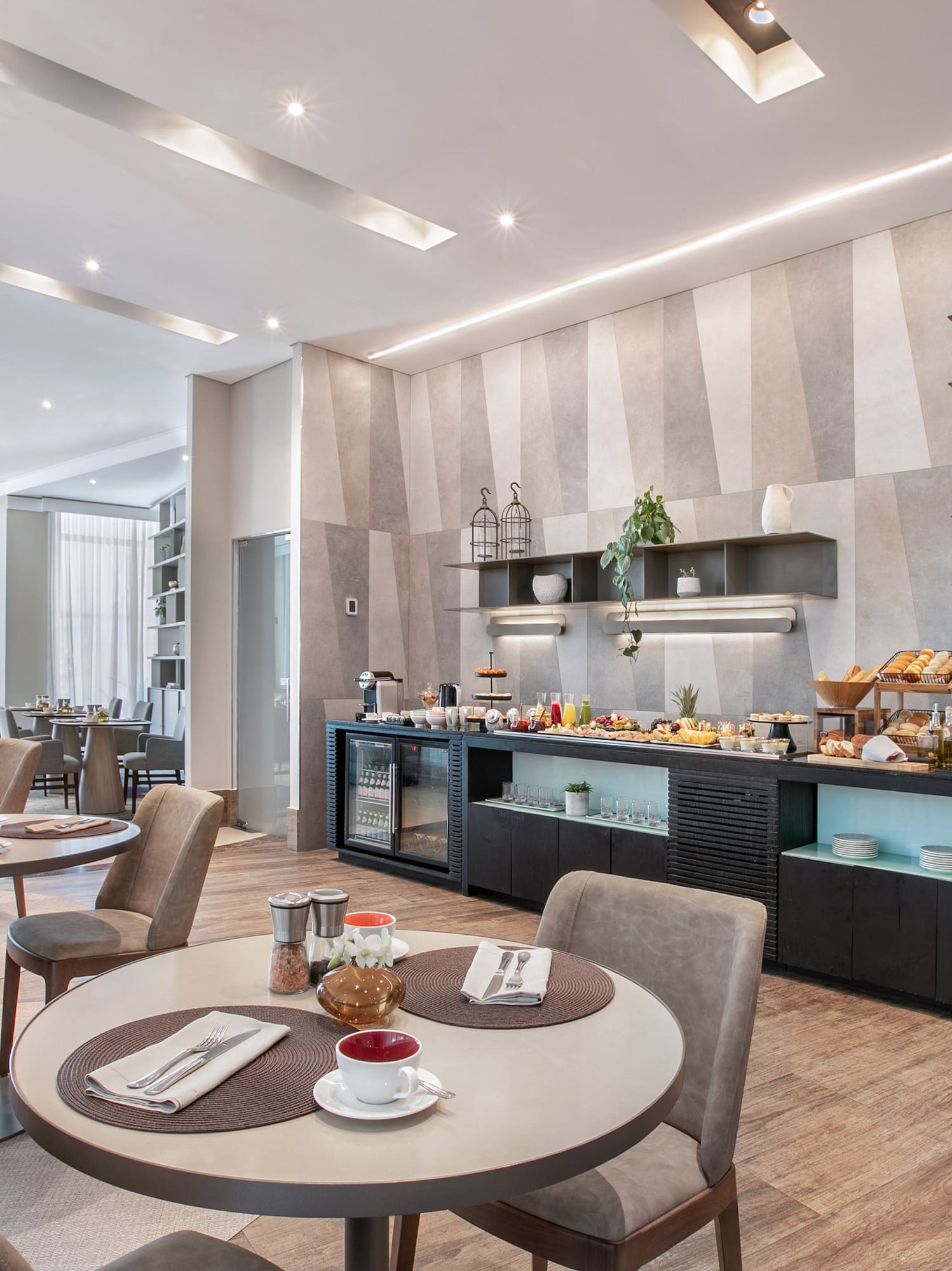 a room with tables and chairs