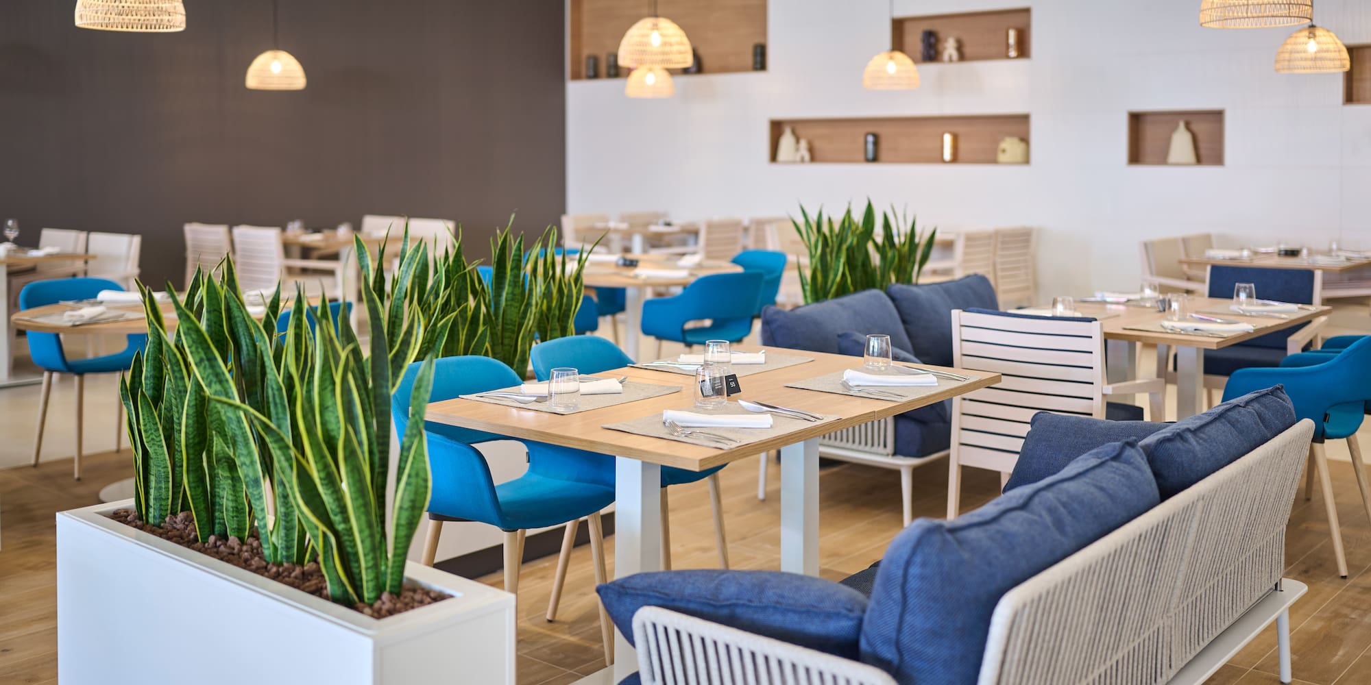 a room with tables and chairs