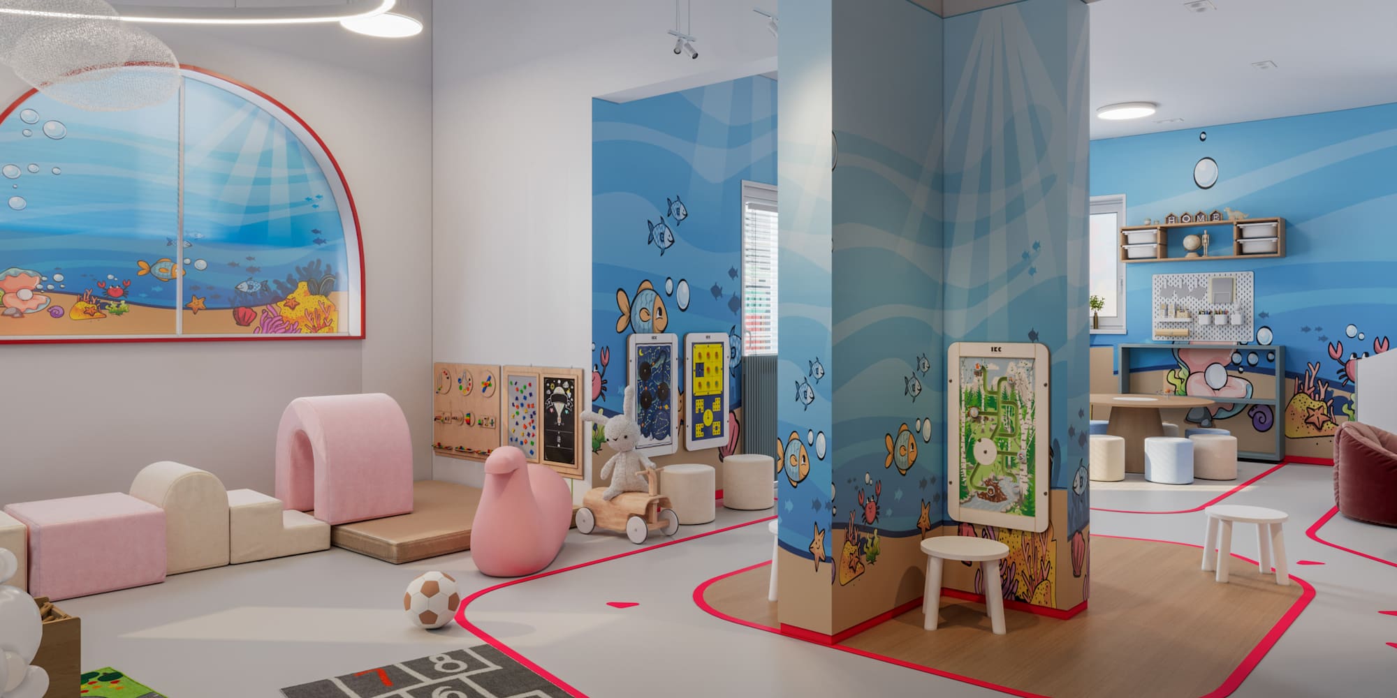a room with a group of toys and a playroom