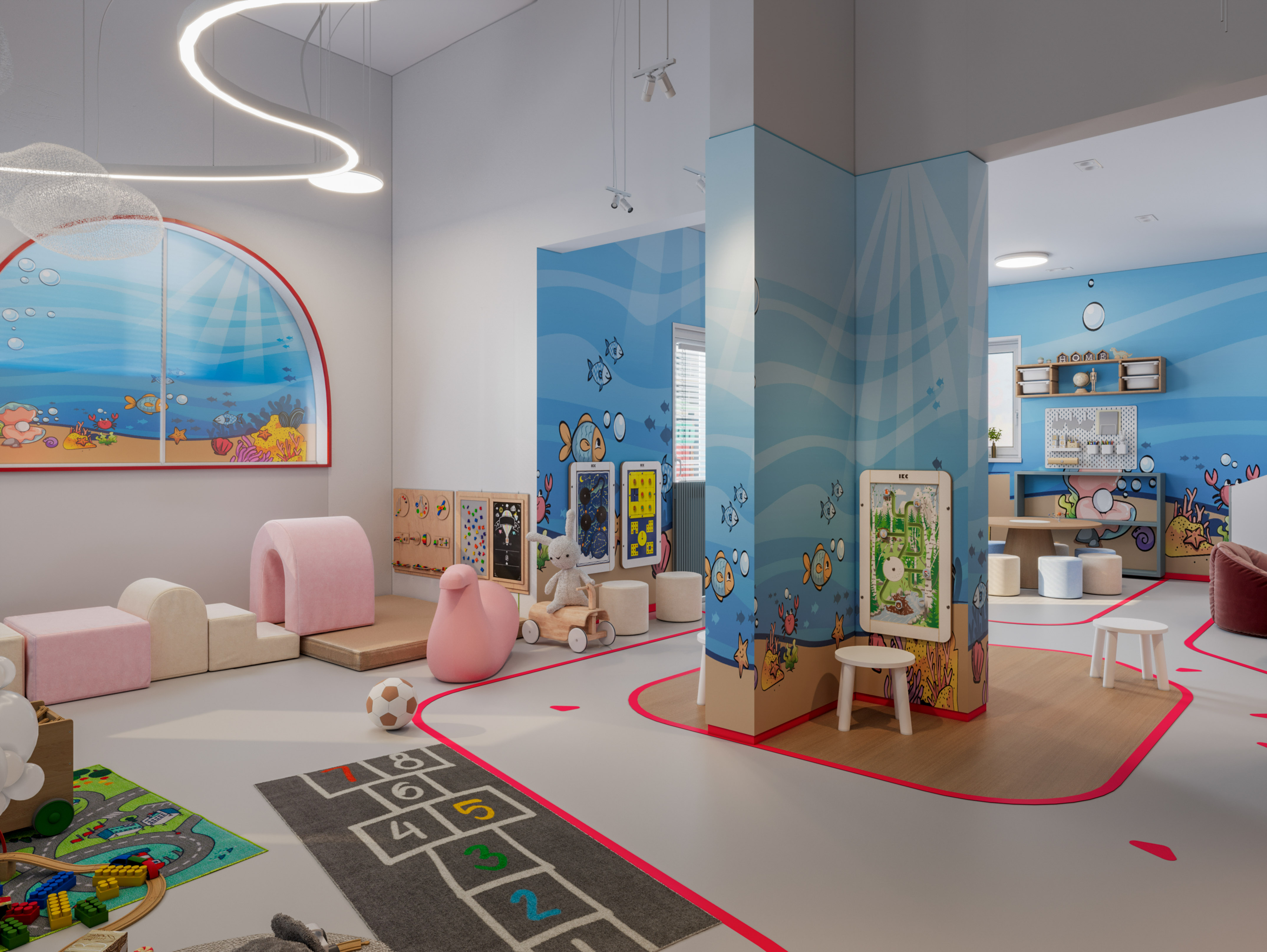 a room with a group of toys and a playroom