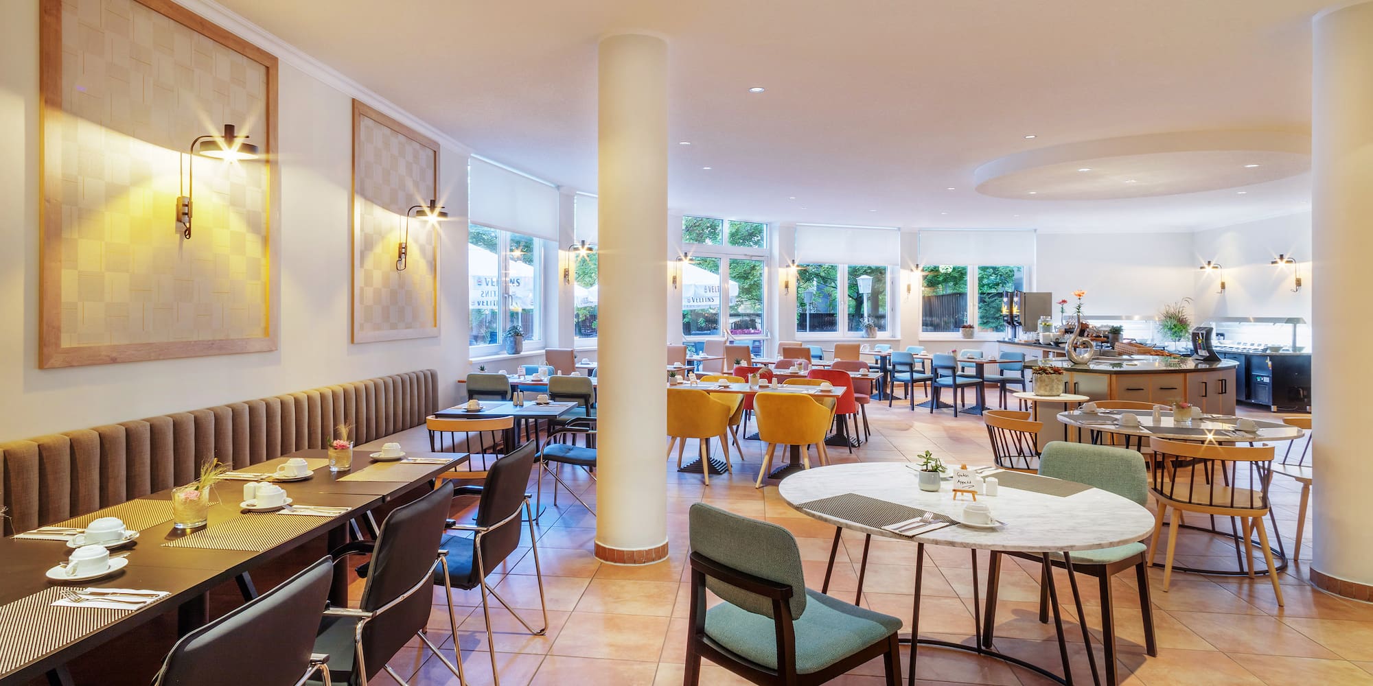 a restaurant with tables and chairs