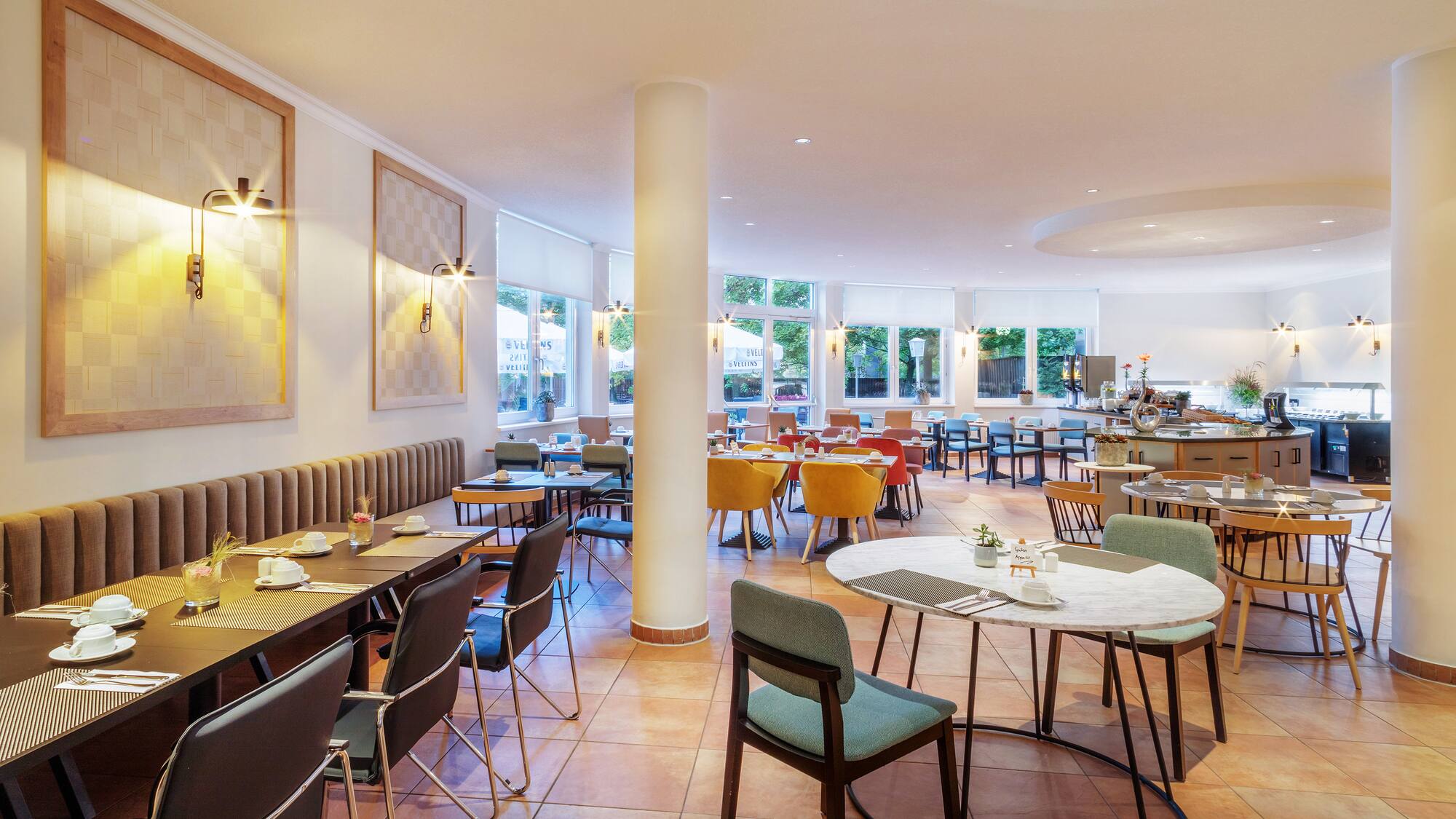 a restaurant with tables and chairs