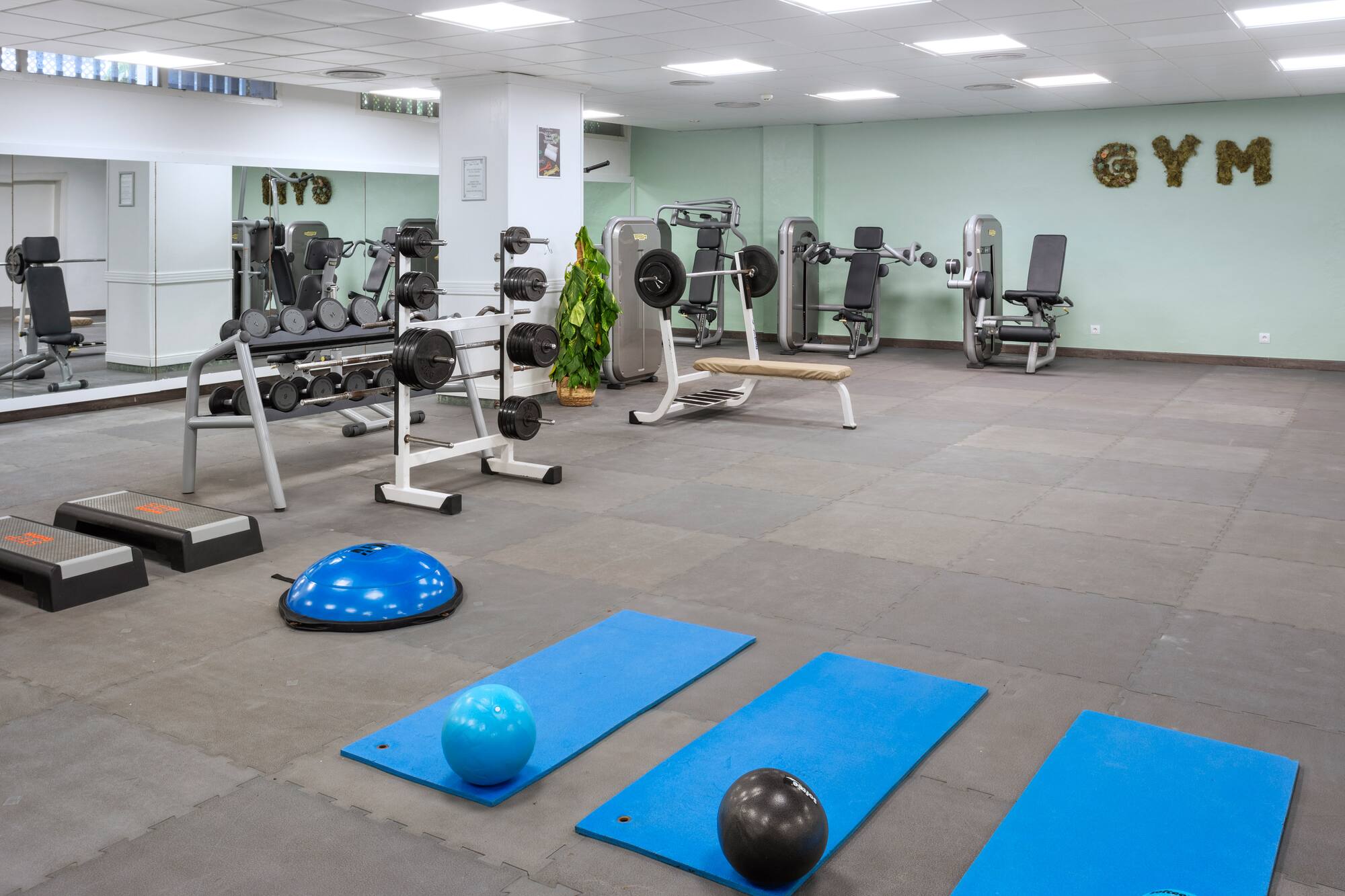Well-equipped gym featuring weights, machines, yoga mats, and workout balls.