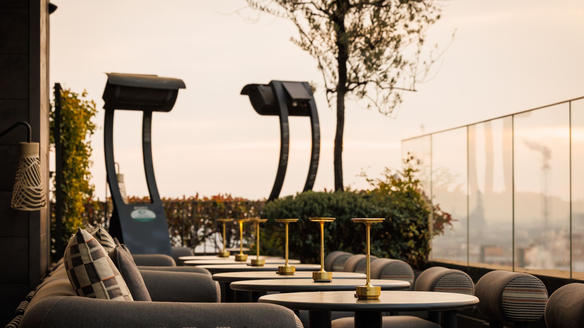 a group of chairs and tables on a patio