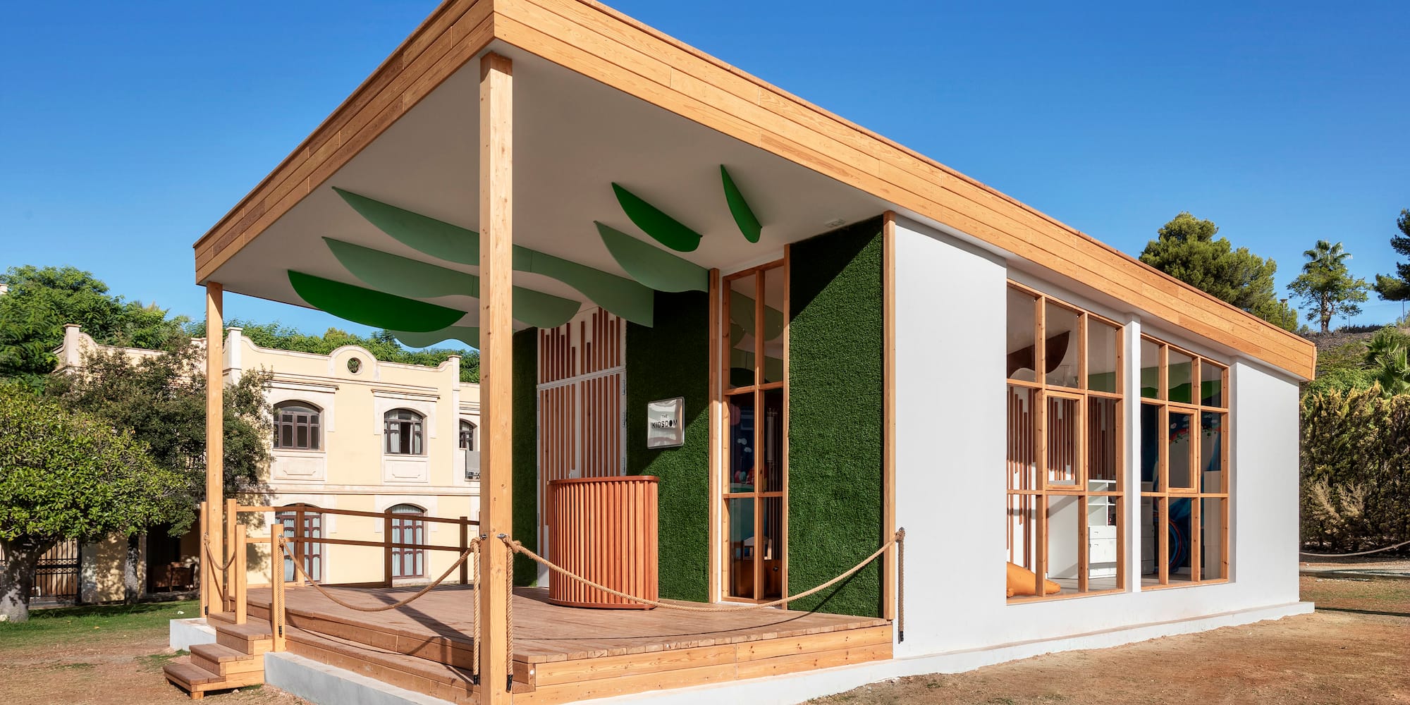 a building with a wooden roof