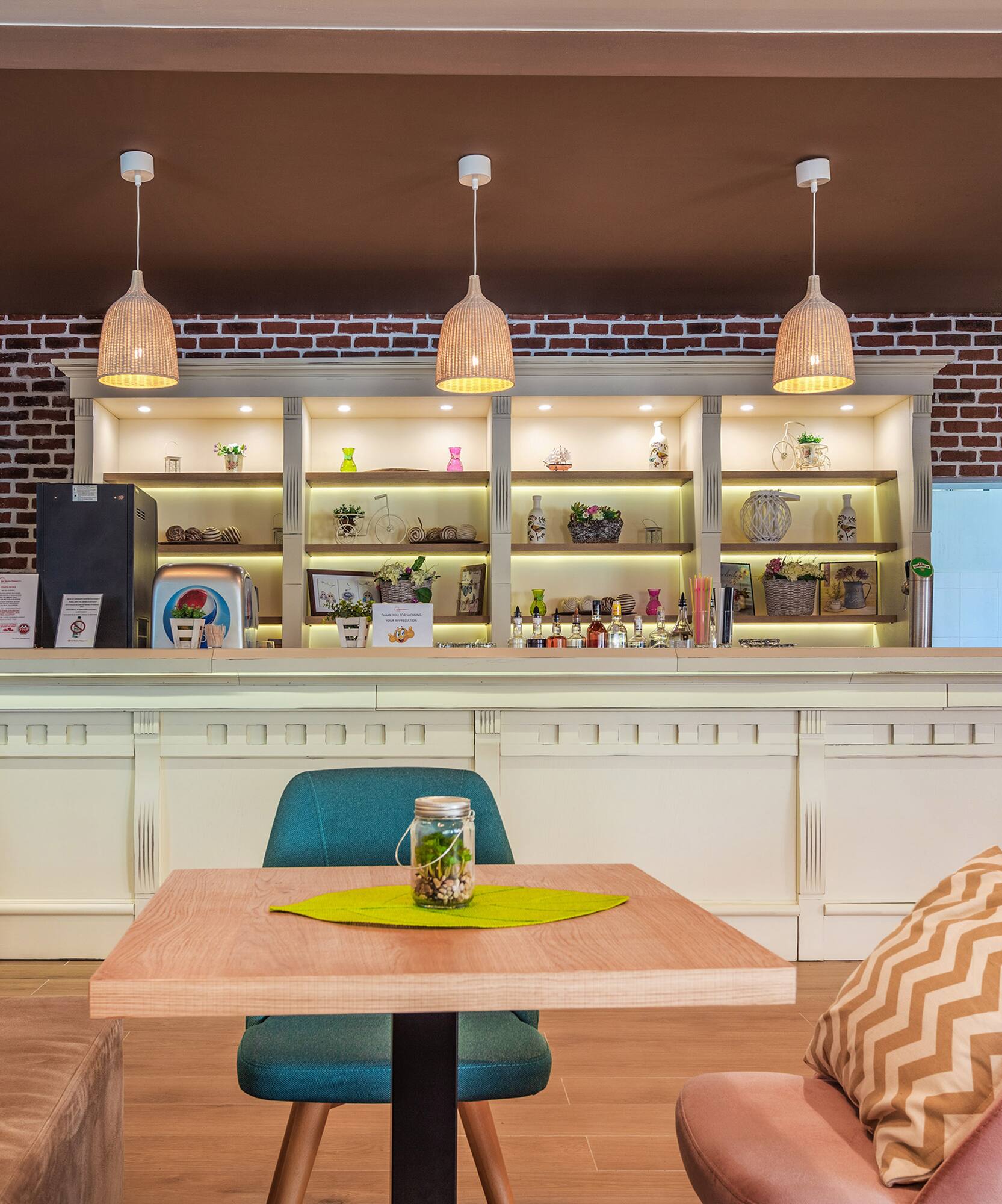 a room with a counter and a table