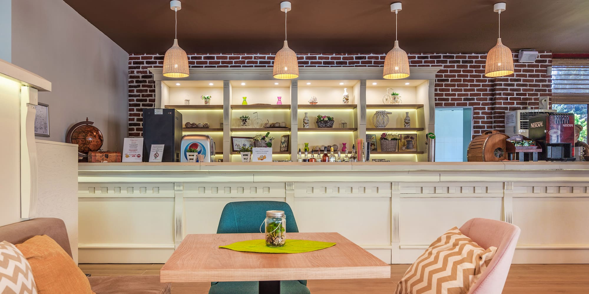 a room with a counter and a table