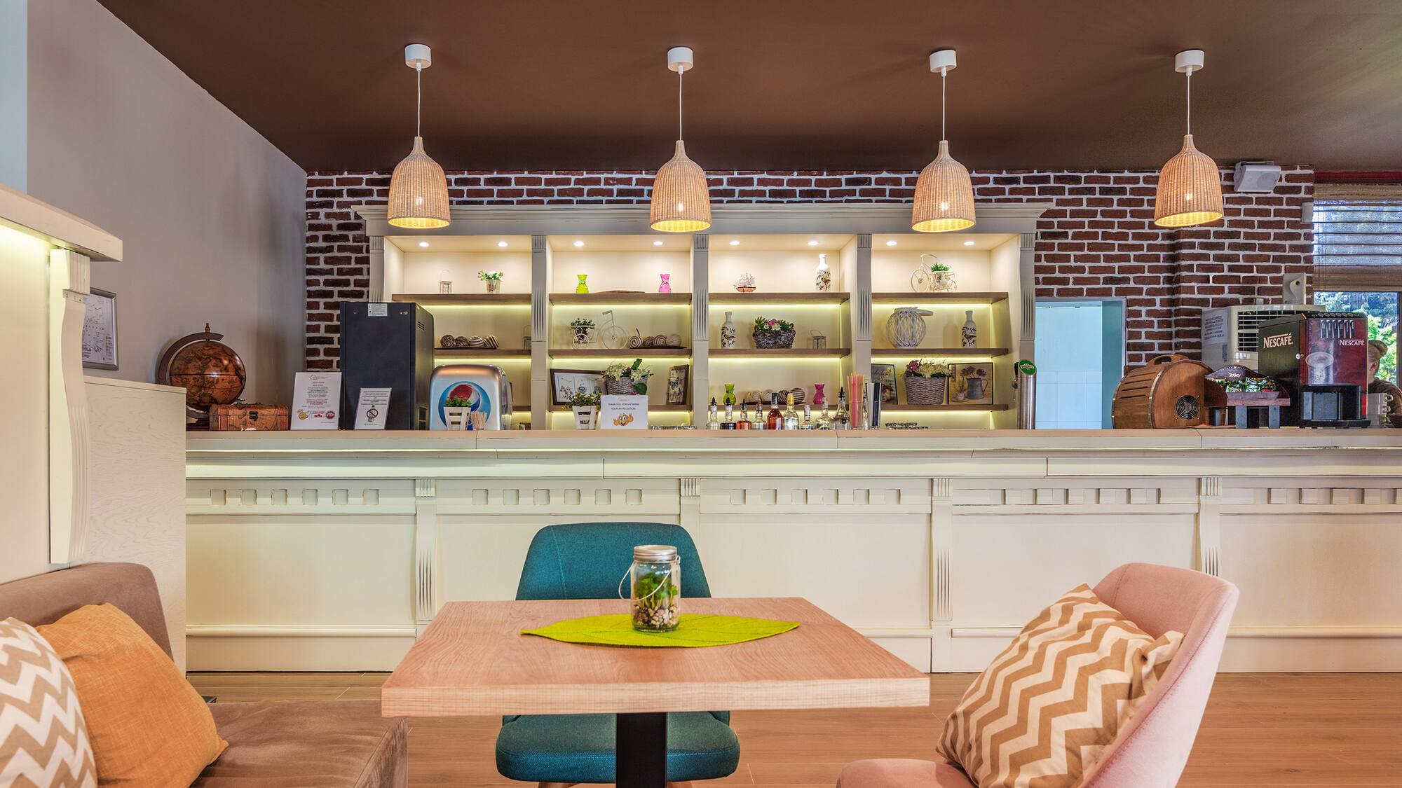 a room with a counter and a table