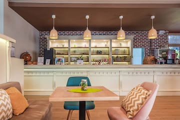 a room with a counter and a table