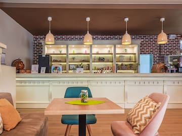 a room with a counter and a table