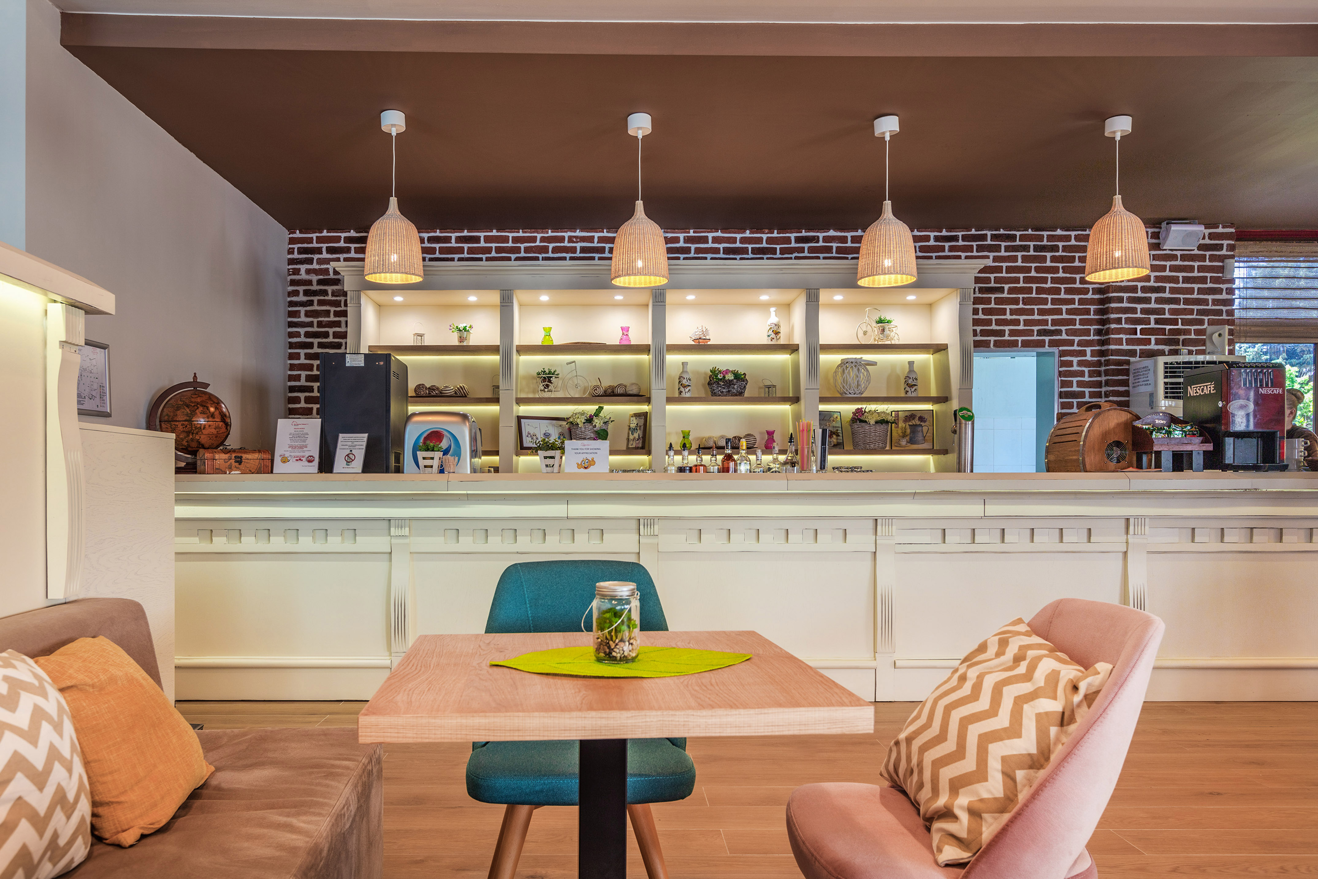 a room with a counter and a table