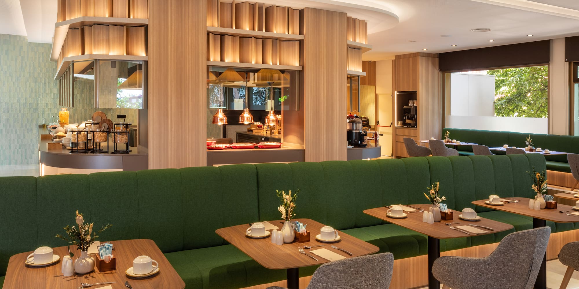 a restaurant with tables and chairs