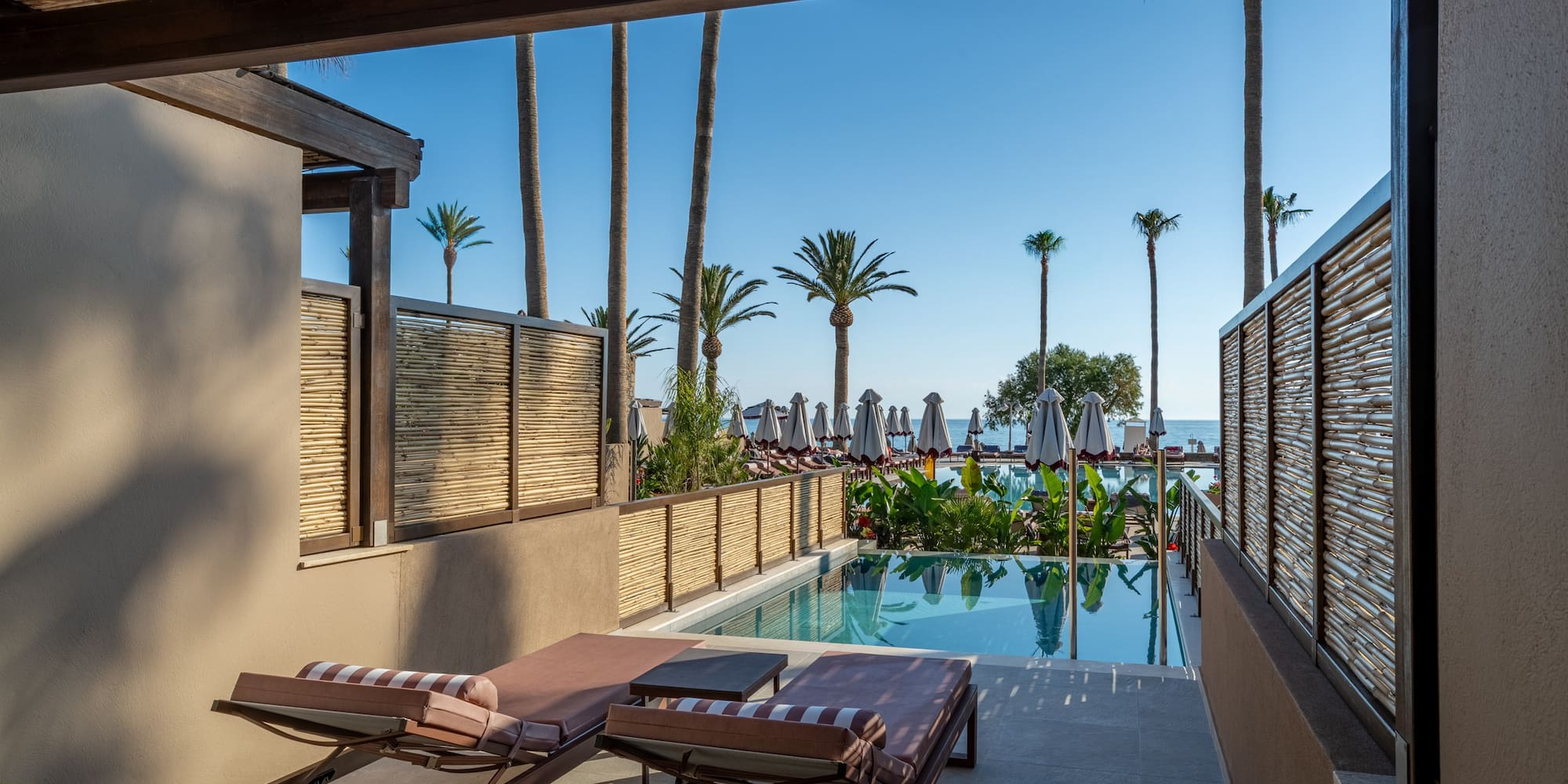 Private terrace with plunge pool, lounge chairs, palm trees, and ocean view.