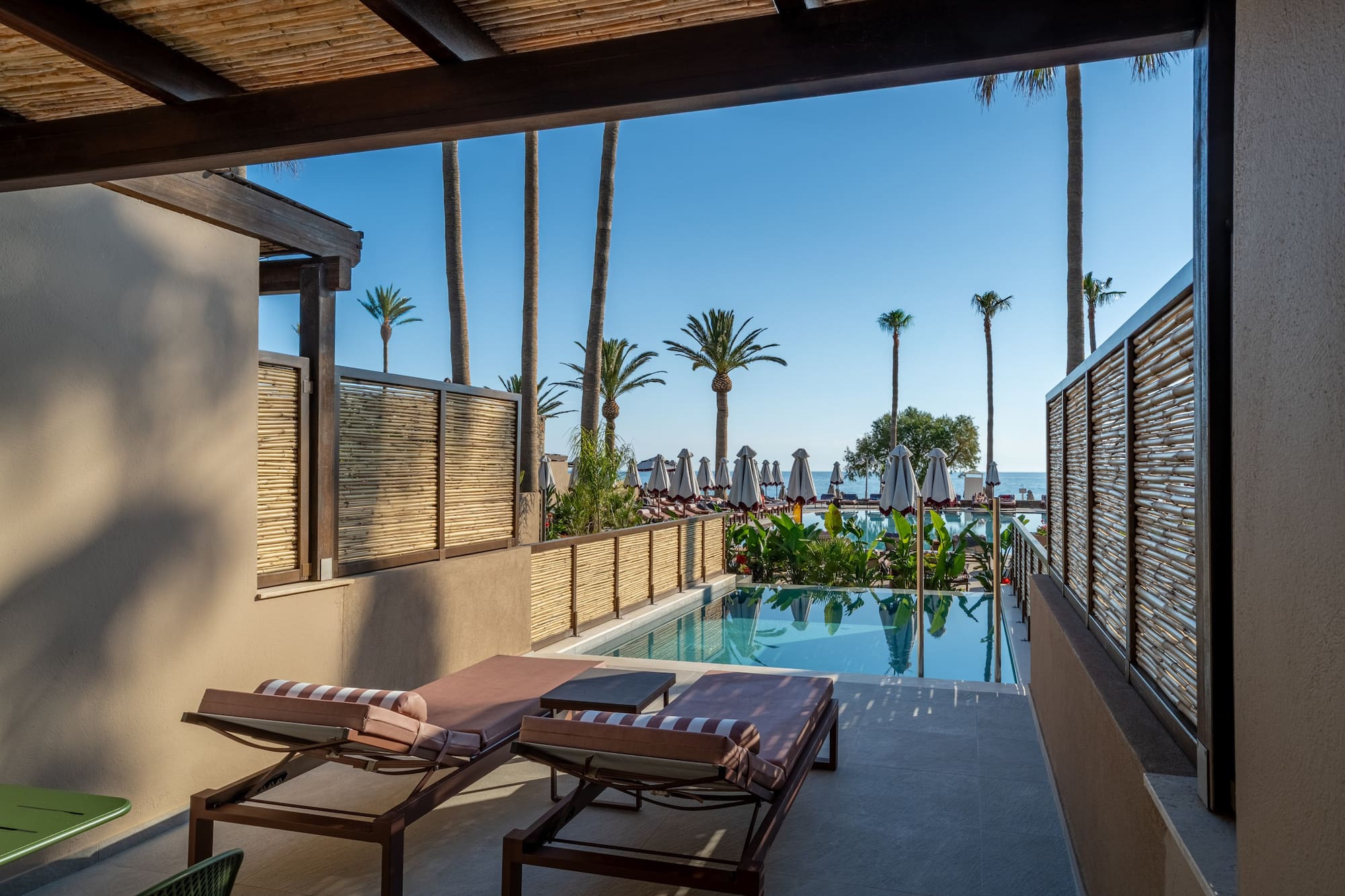 Resort patio with private pool, sun loungers, palm trees, and sea view.