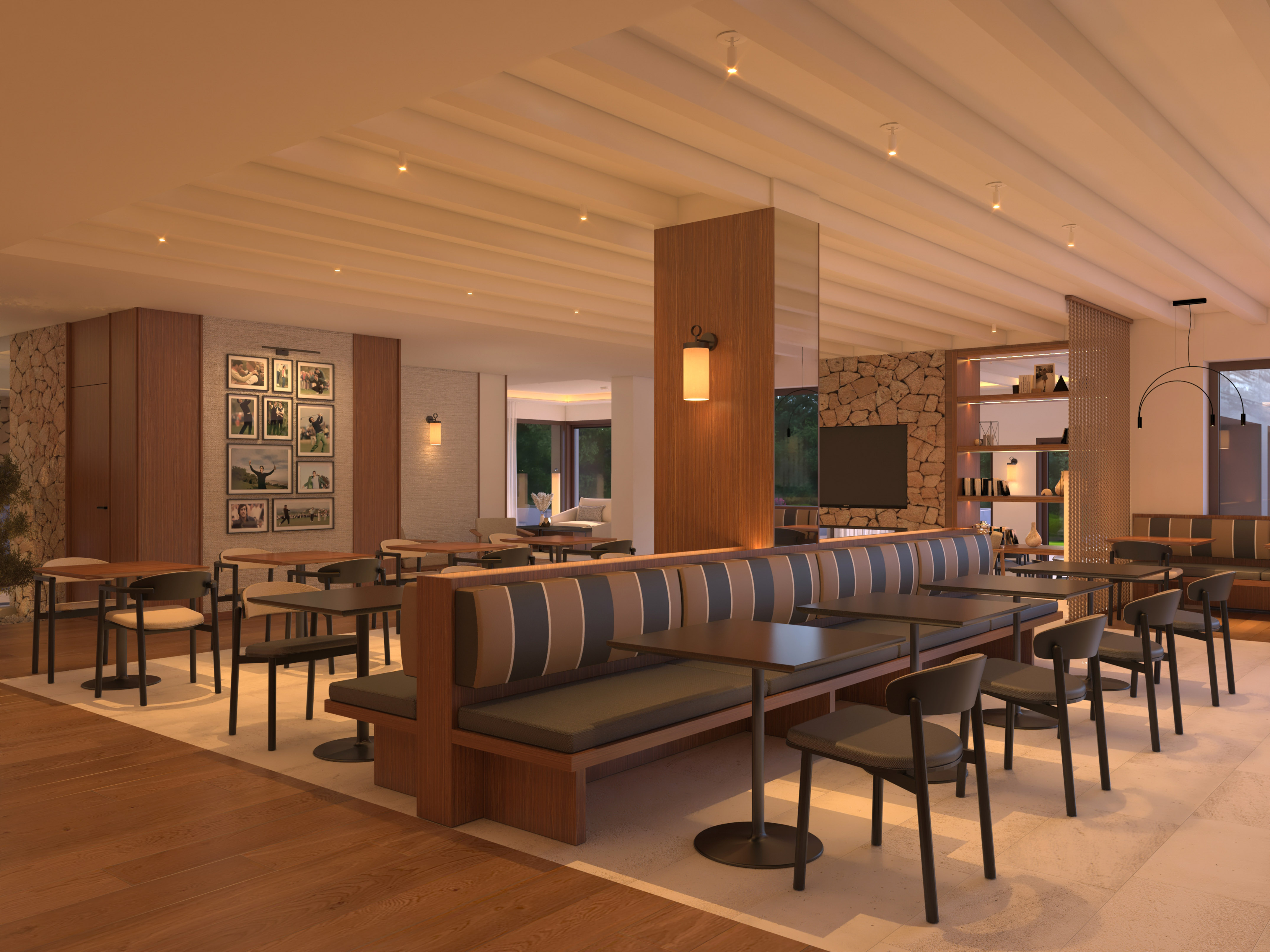تصميم داخلي لمطعم عصري بإضاءة دافئة ومقاعد مريحة - مطعم, المطبخ العالمي - Hotel Golf Santa Ponsa Meliá Collection, مايوركا
