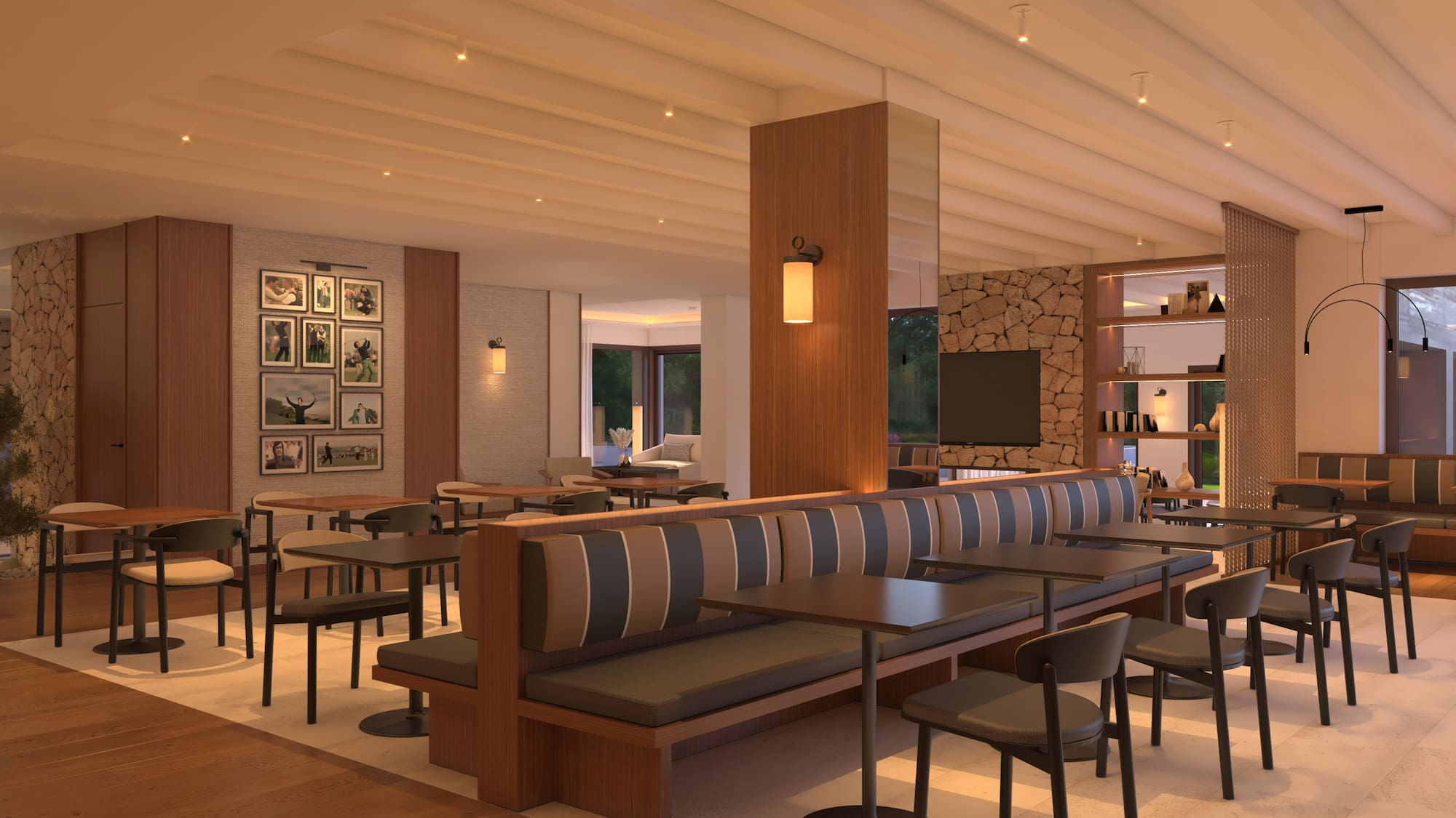 Interior aconchegante de restaurante com assentos estofados e mesas. - Restaurante, Cozinha internacional - Hotel Golf Santa Ponsa Meliá Collection, Maiorca