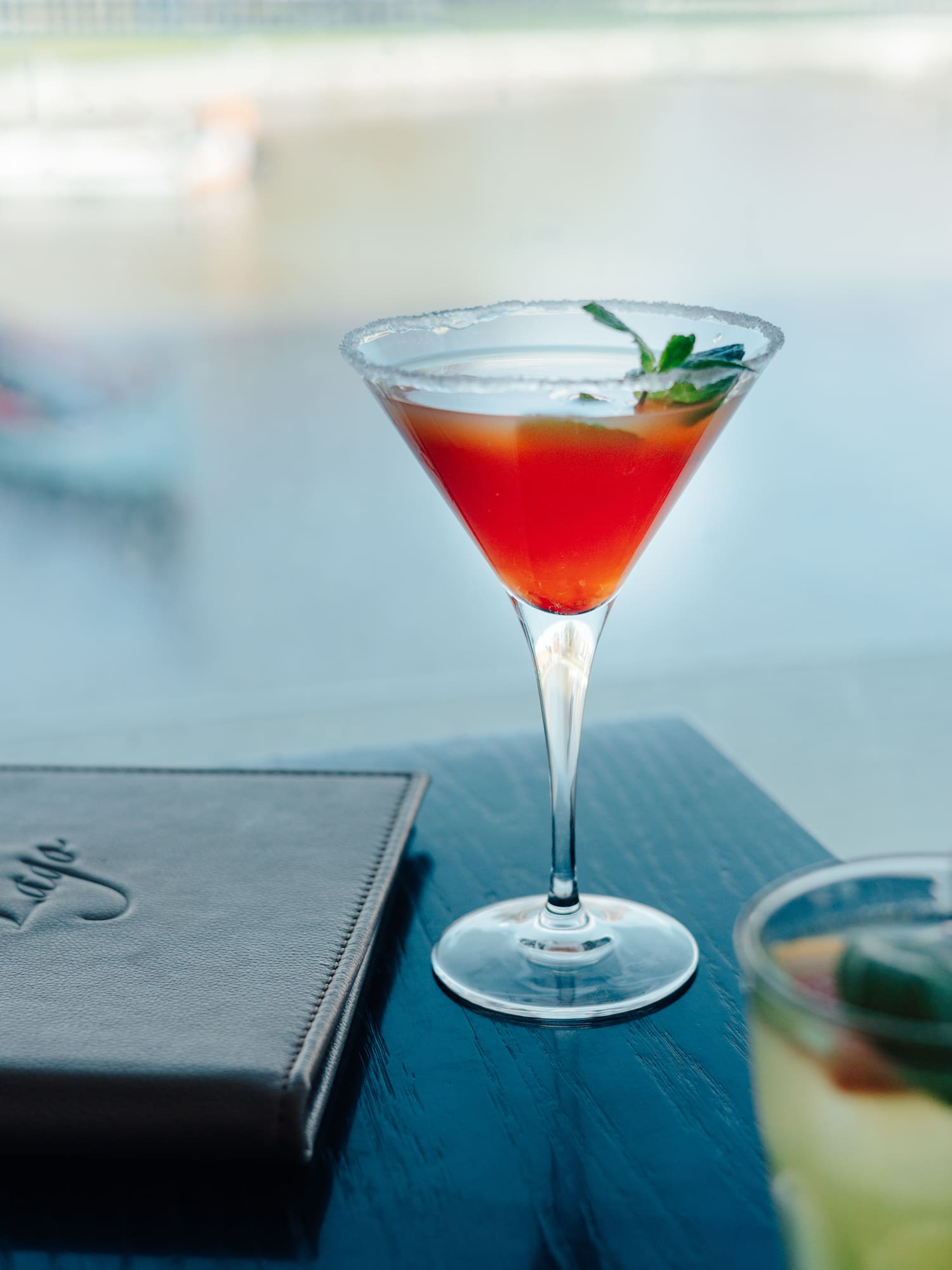 Red cocktail in martini glass with mint and sugar rim, overlooking blurred water.