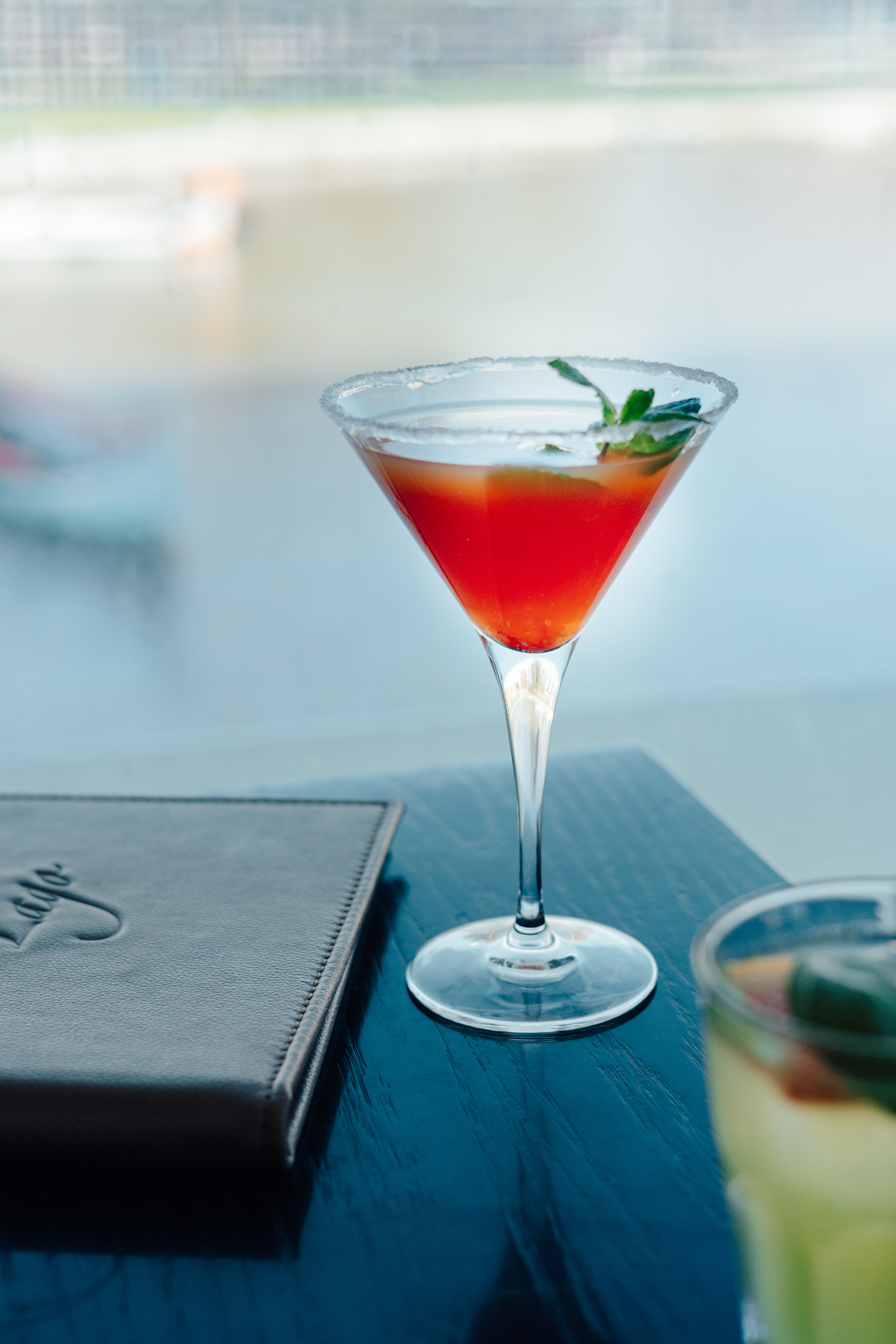 Red cocktail in martini glass with mint and sugar rim, overlooking blurred water.