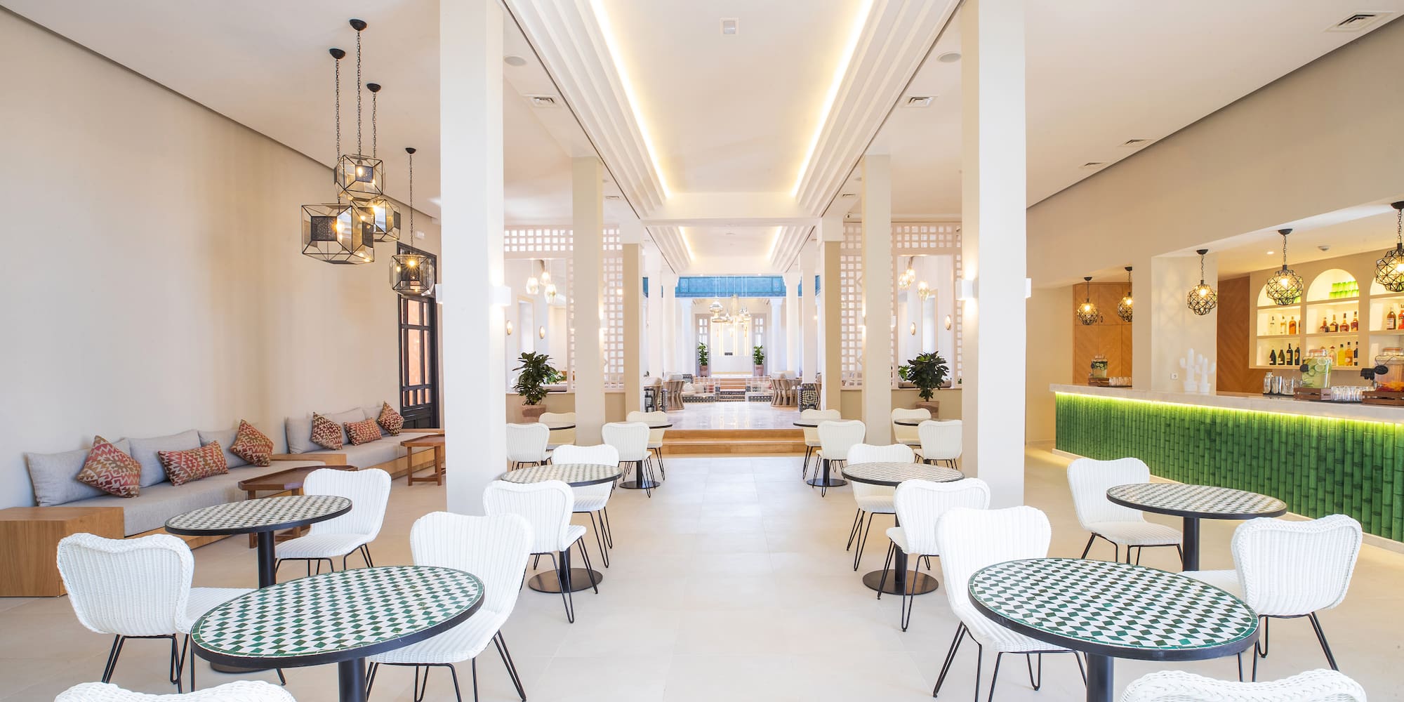 a room with tables and chairs