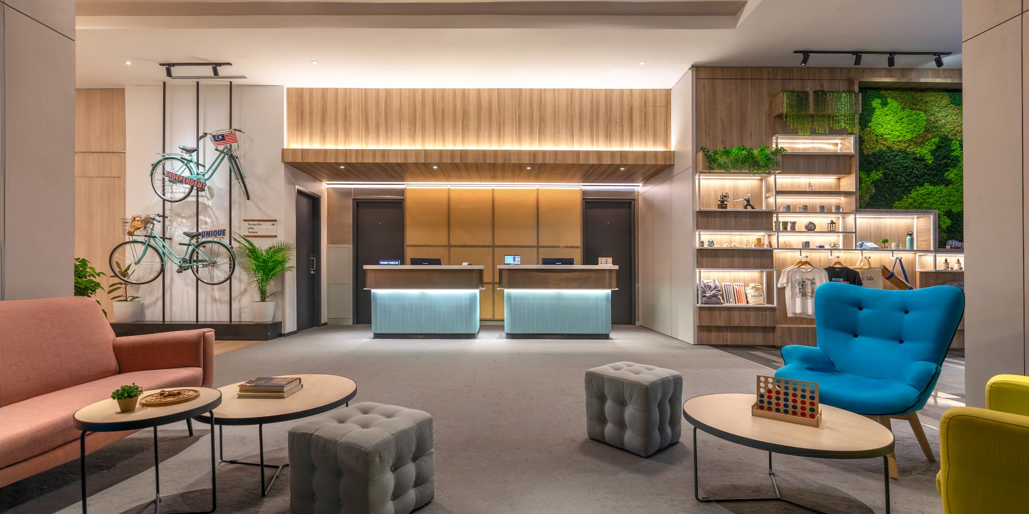 a room with a blue chair and a table