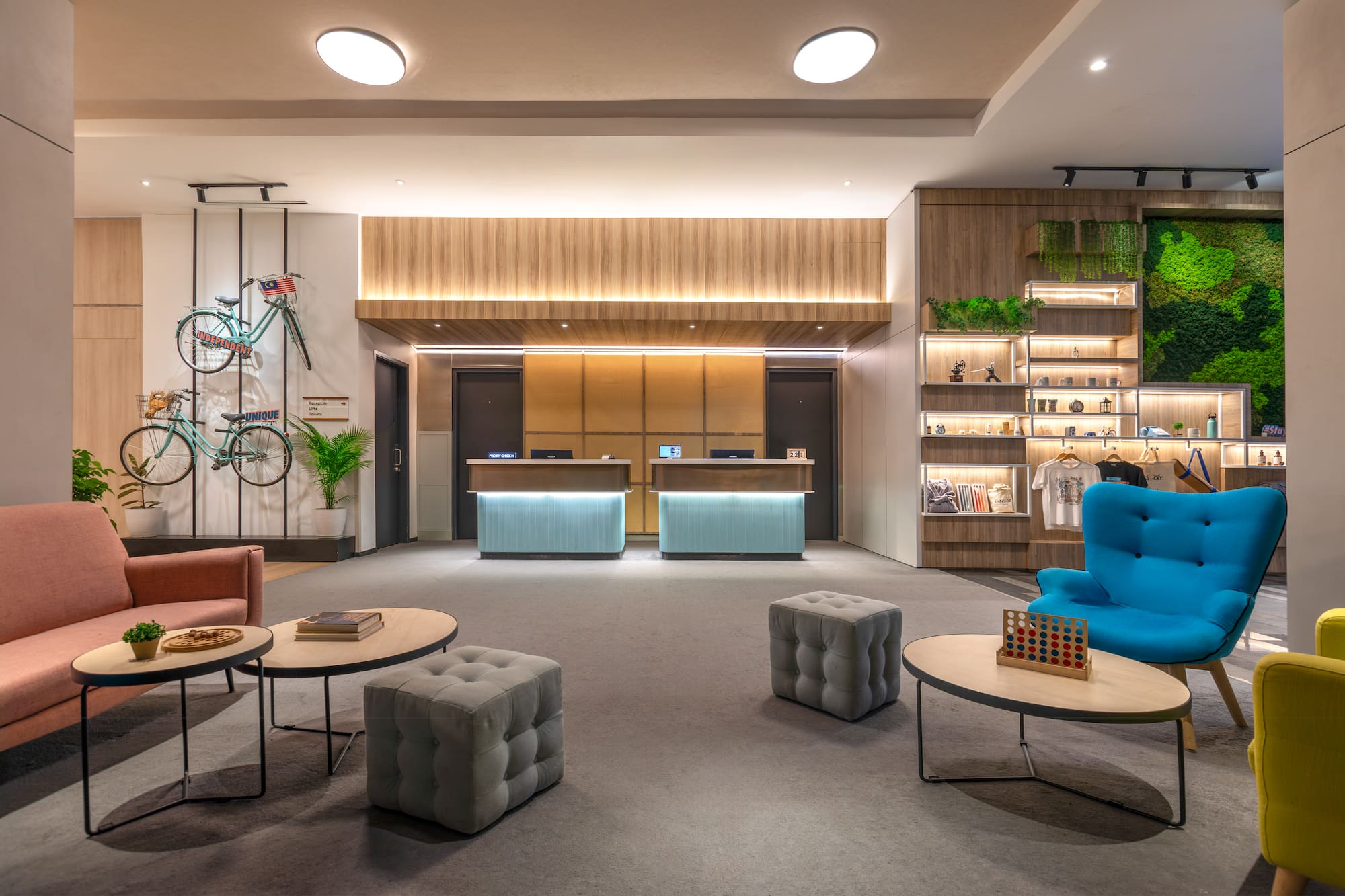 a room with a blue chair and a table