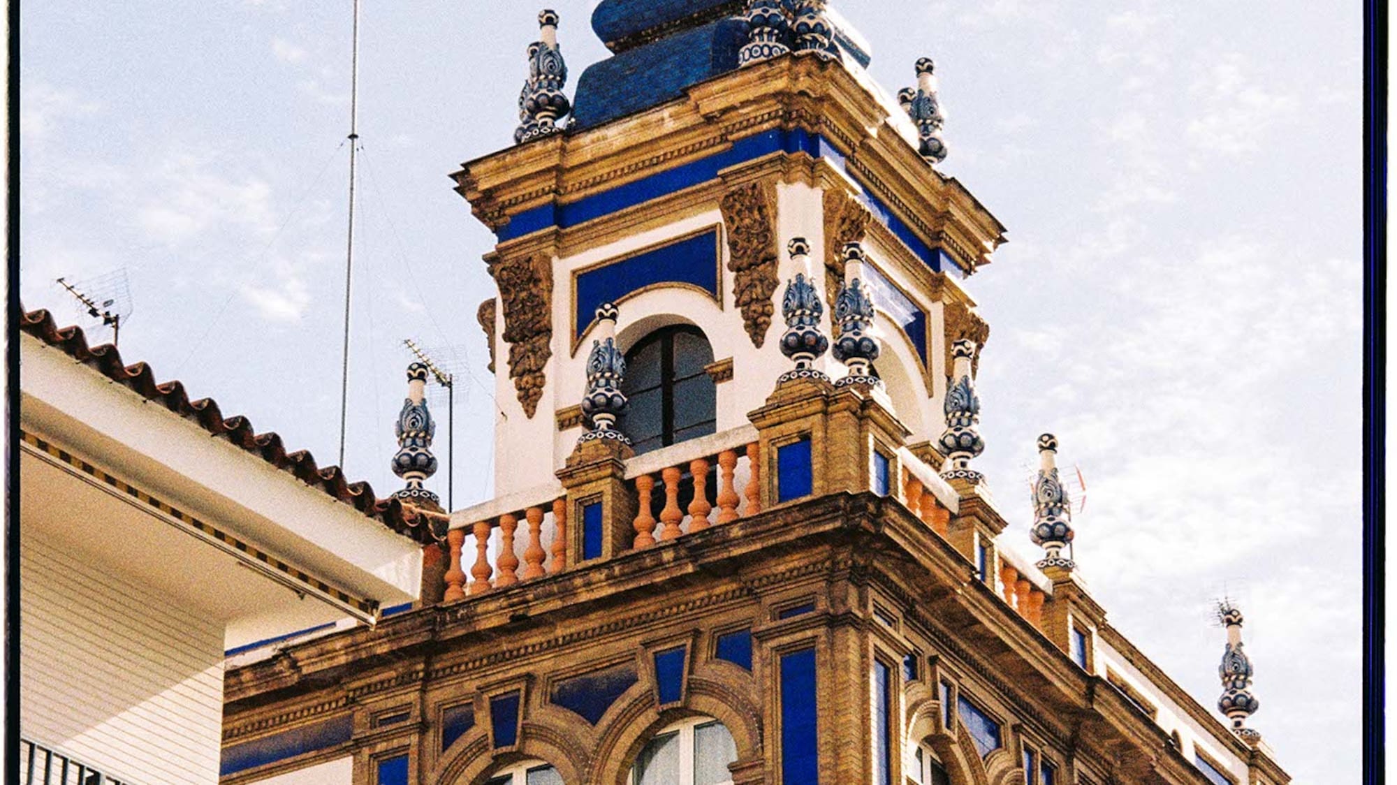 a building with blue and white trim